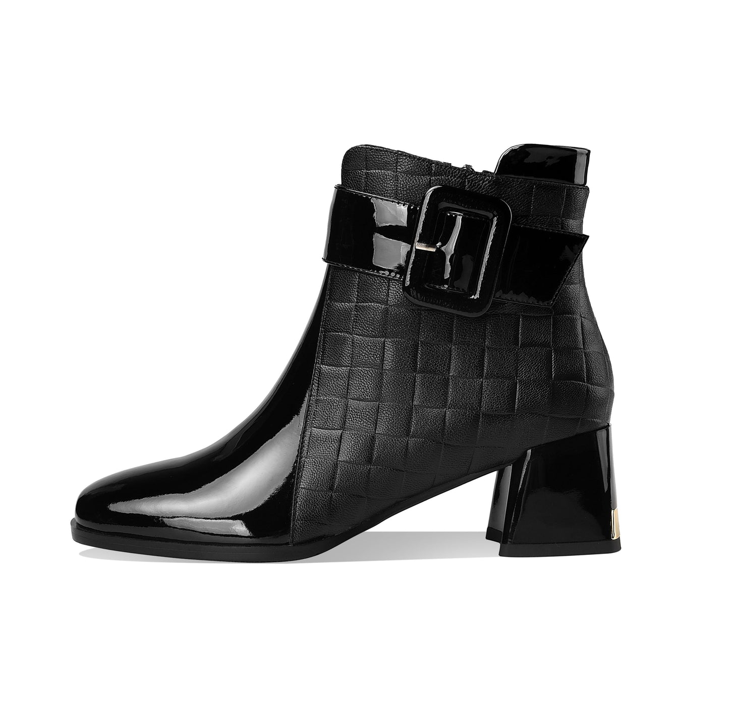 Genuine Leather Women's Handmade Chic Buckle Decor Chunky Heel Side Zip Up Checkered Ankle Boots