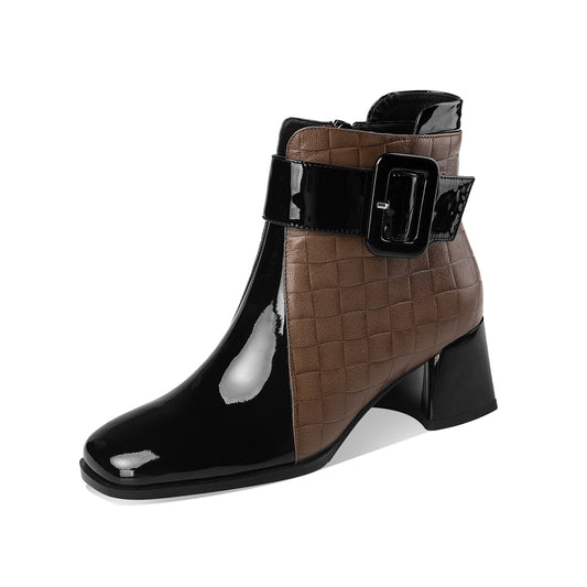 Genuine Leather Women's Handmade Chic Buckle Decor Chunky Heel Side Zip Up Checkered Ankle Boots