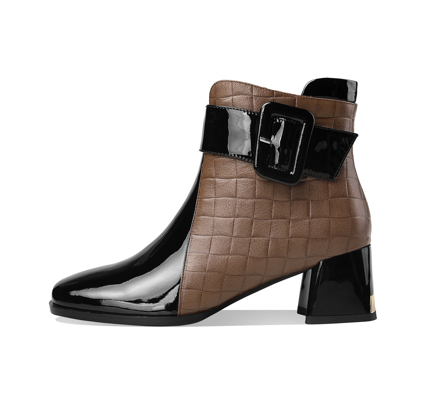 Genuine Leather Women's Handmade Chic Buckle Decor Chunky Heel Side Zip Up Checkered Ankle Boots