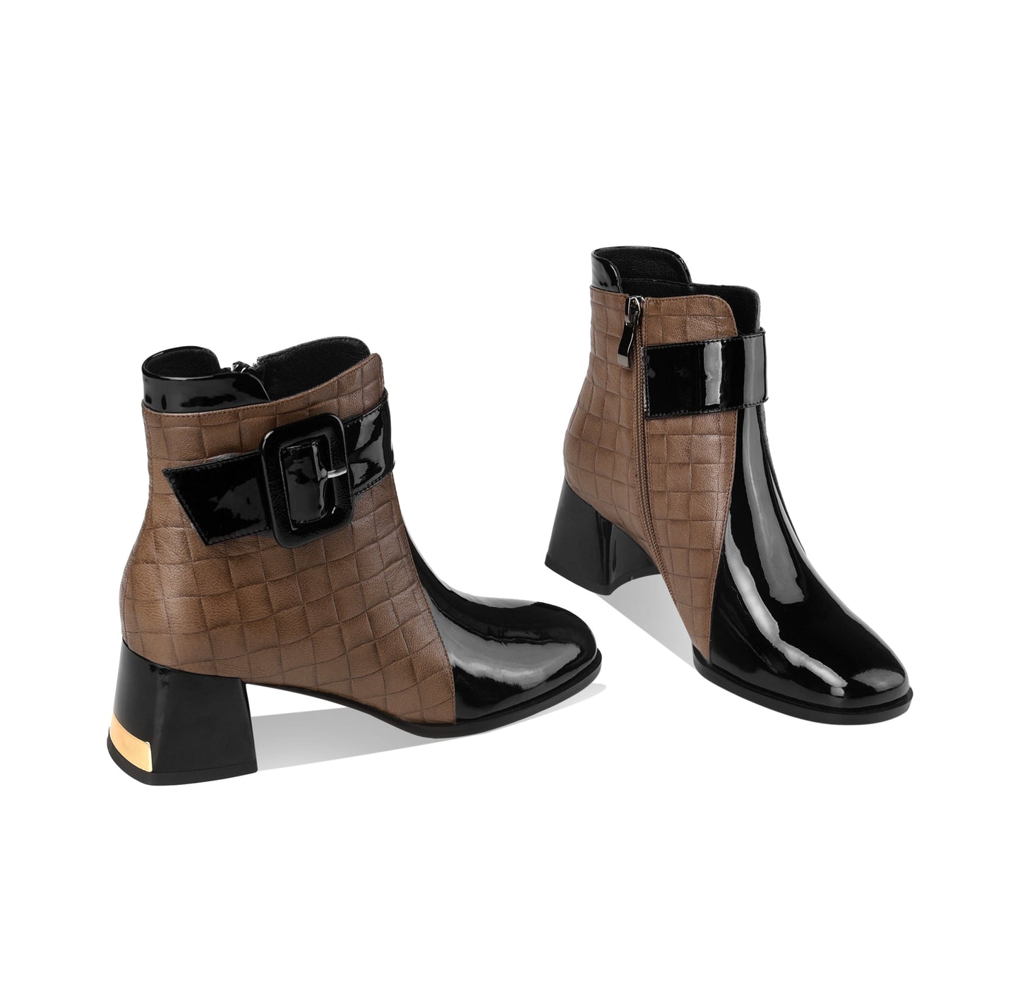 Genuine Leather Women's Handmade Chic Buckle Decor Chunky Heel Side Zip Up Checkered Ankle Boots