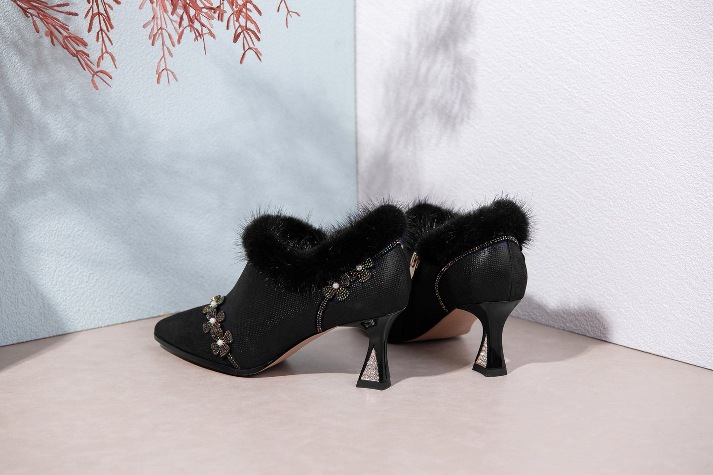 Handmade Women's Genuine Leather Furry Floral Side Zip Pointed Toe Mid Spool Rhinestone Heel Pumps