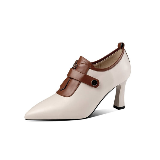 Women's Handmade Genuine Leather Sexy High Heel Pointed Toe Oxfords Pump Shoes with Front Zip and Button Decor