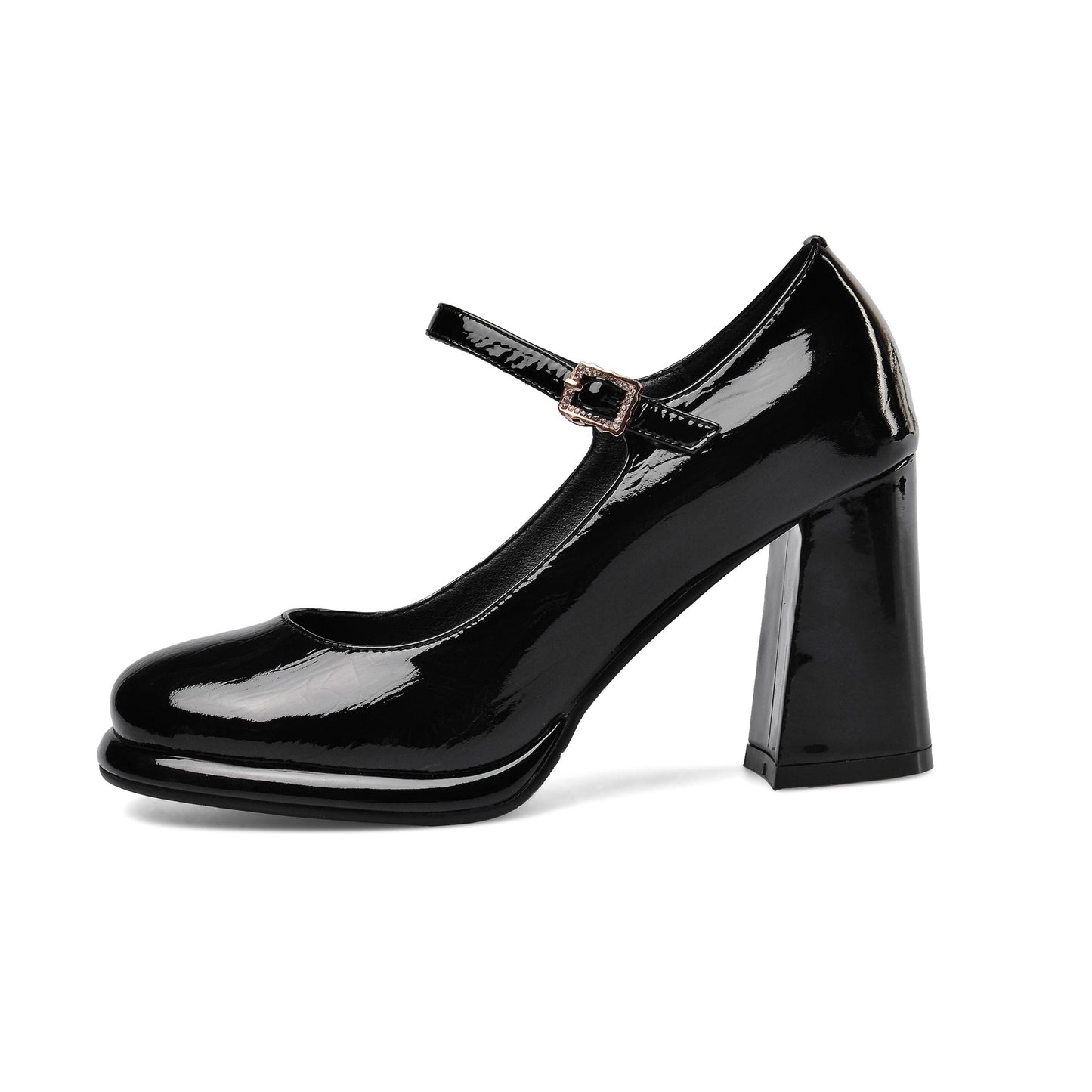 Women's Patent Leather Rouns Toe Handmade Buckle Belt High Chunky Heel Trendy Pumps Shoes