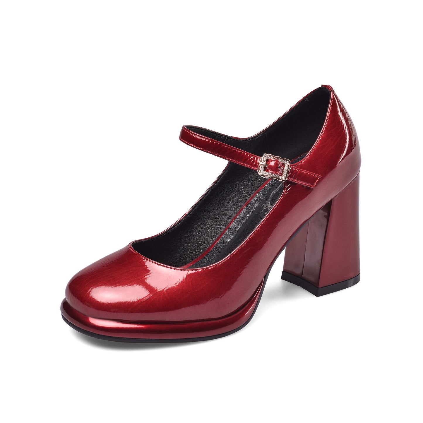 Women's Patent Leather Rouns Toe Handmade Buckle Belt High Chunky Heel Trendy Pumps Shoes