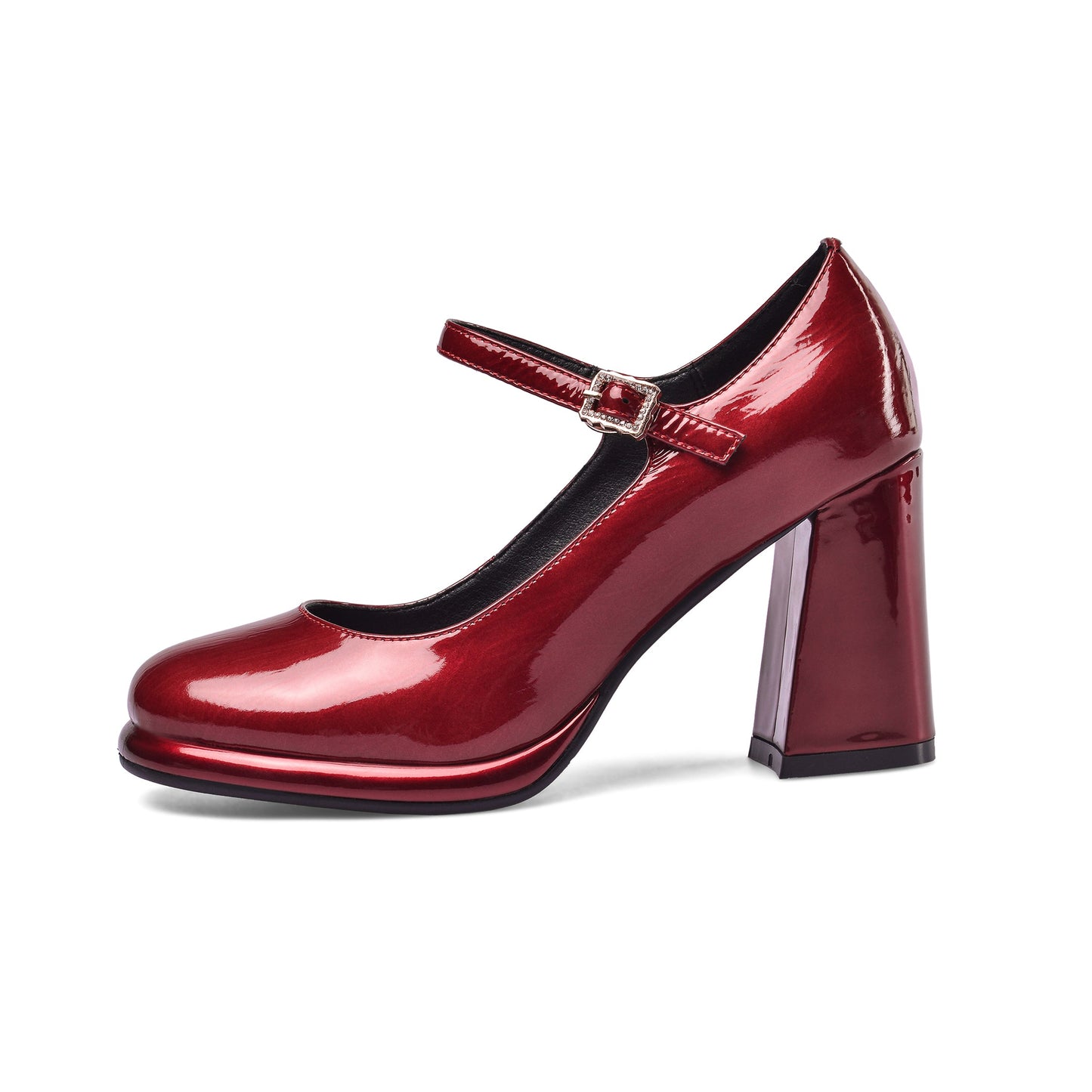 Women's Patent Leather Rouns Toe Handmade Buckle Belt High Chunky Heel Trendy Pumps Shoes