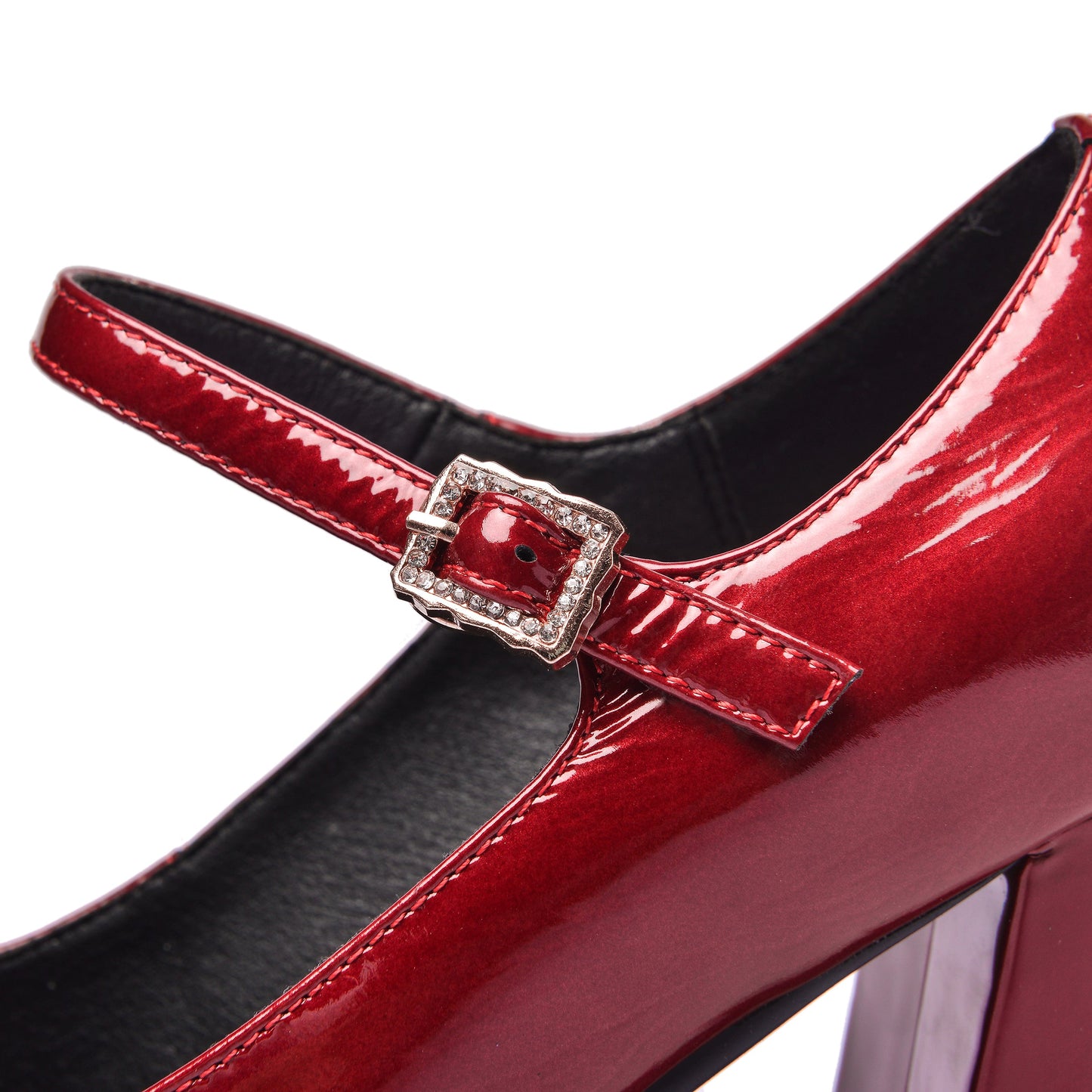 Women's Patent Leather Rouns Toe Handmade Buckle Belt High Chunky Heel Trendy Pumps Shoes