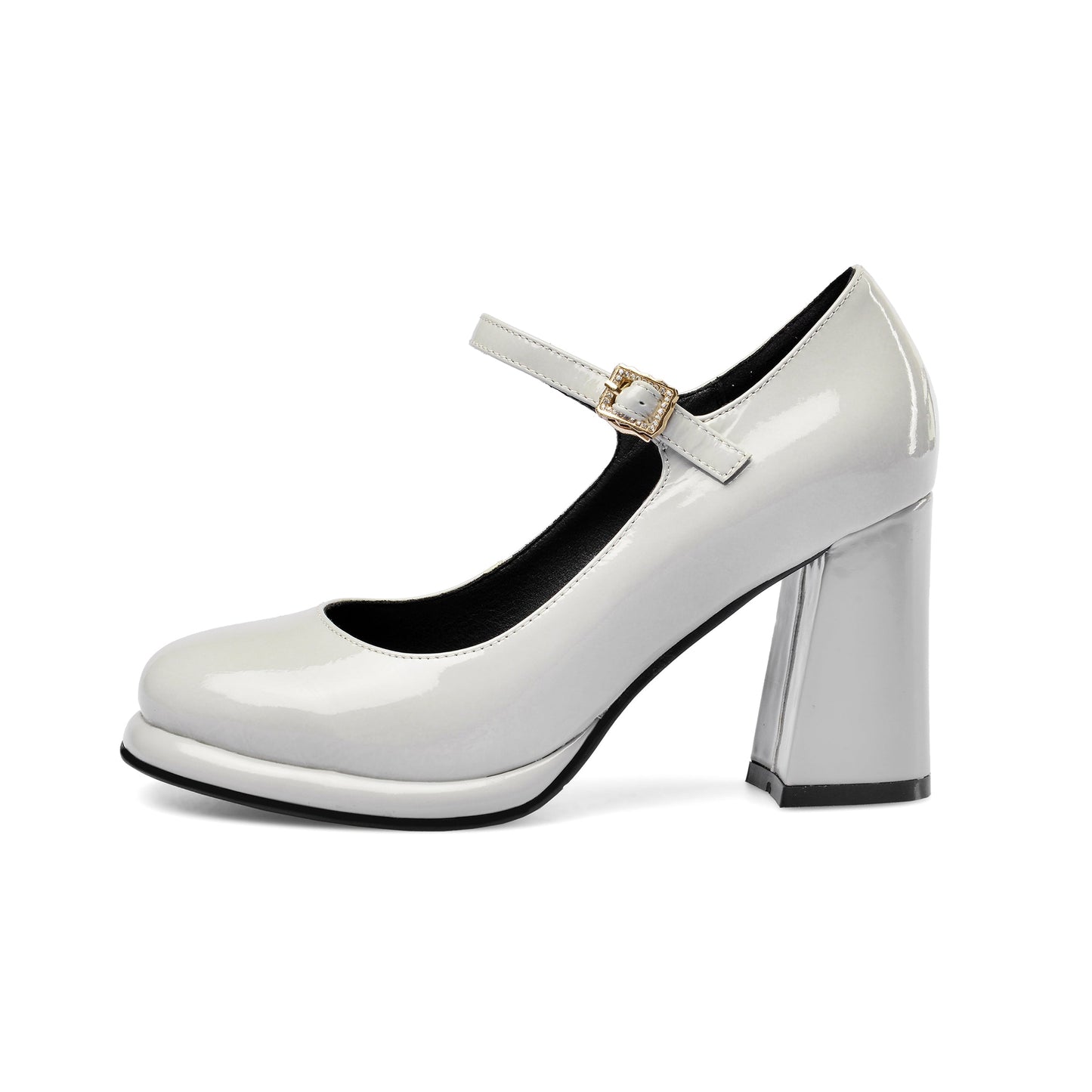 Women's Patent Leather Rouns Toe Handmade Buckle Belt High Chunky Heel Trendy Pumps Shoes