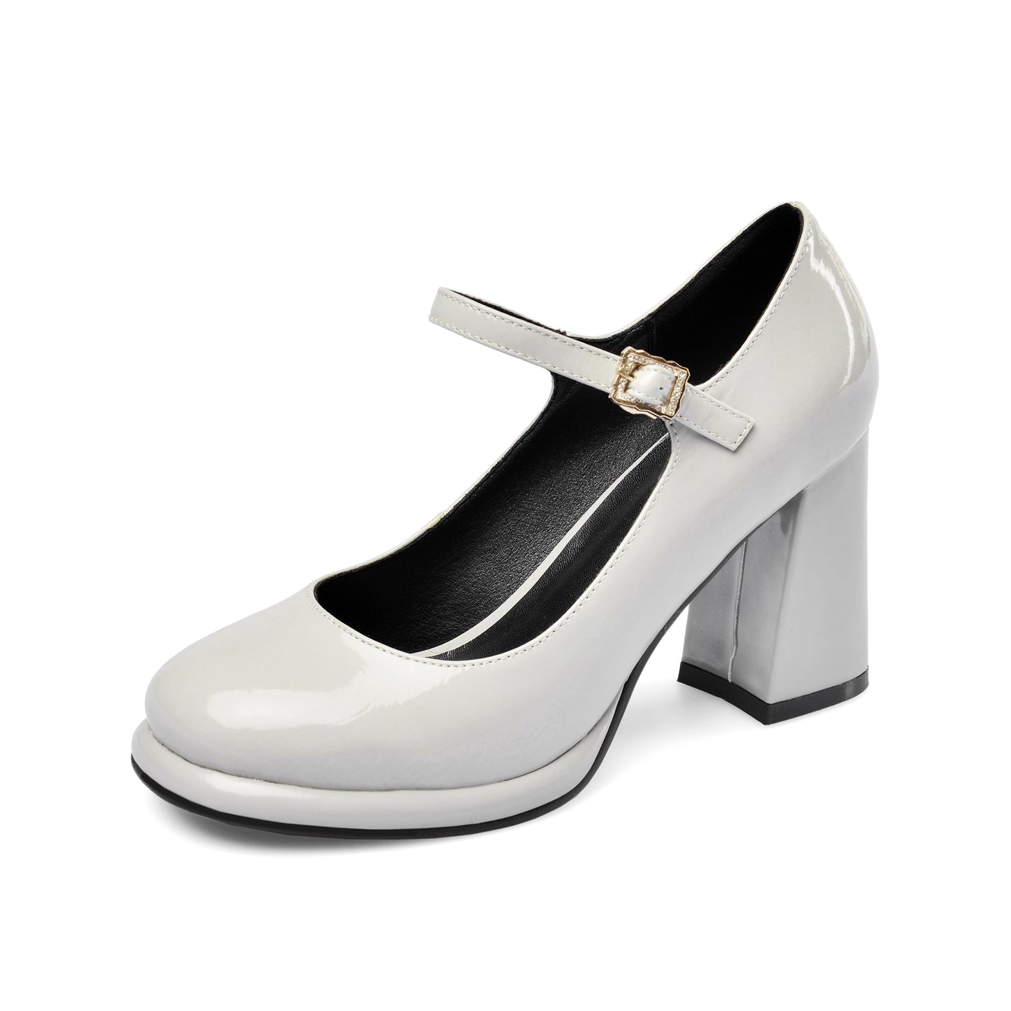 Women's Patent Leather Rouns Toe Handmade Buckle Belt High Chunky Heel Trendy Pumps Shoes