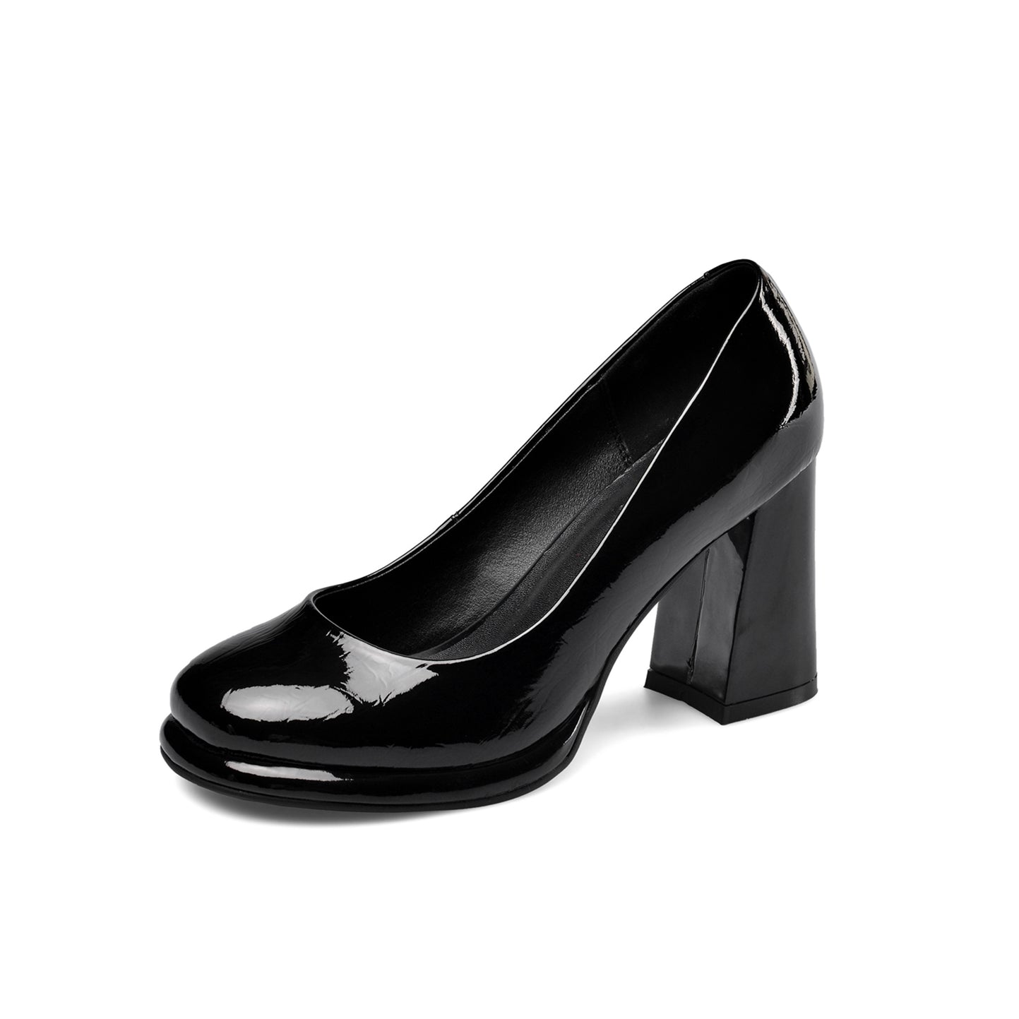 Women's Patent Leather Round Toe Handmade High Chunky Heels Slip On Pumps Shoes