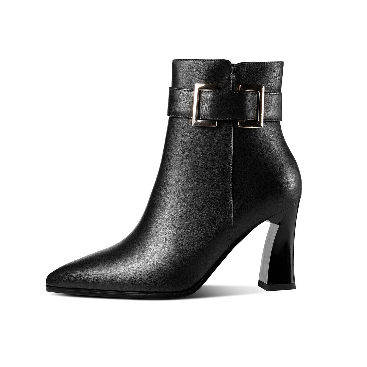 Genuine Leather Women's Handmade Side Zip Up Modern Buckle High Heel Pointed Toe Ankle Booties