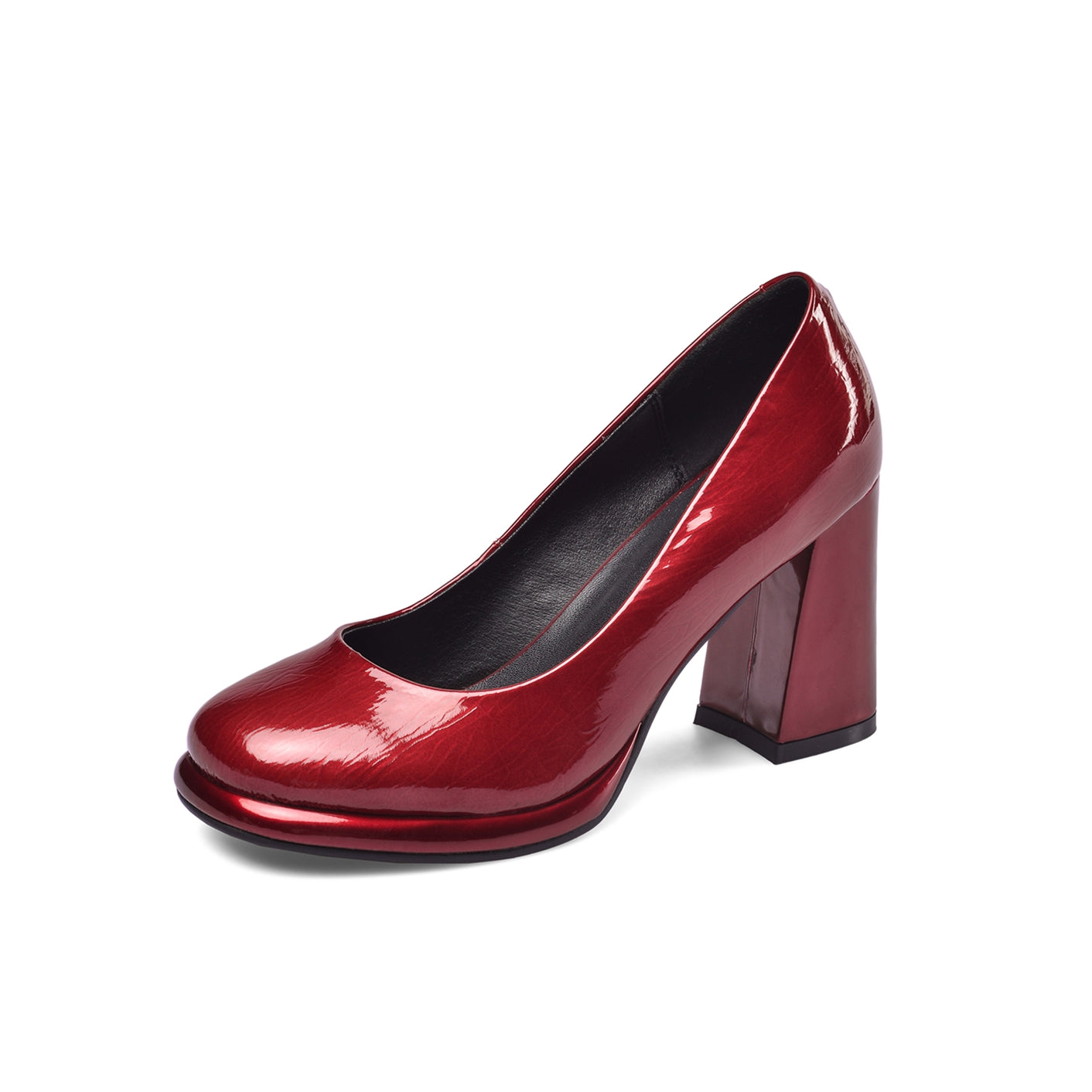 Women's Patent Leather Round Toe Handmade High Chunky Heels Slip On Pumps Shoes