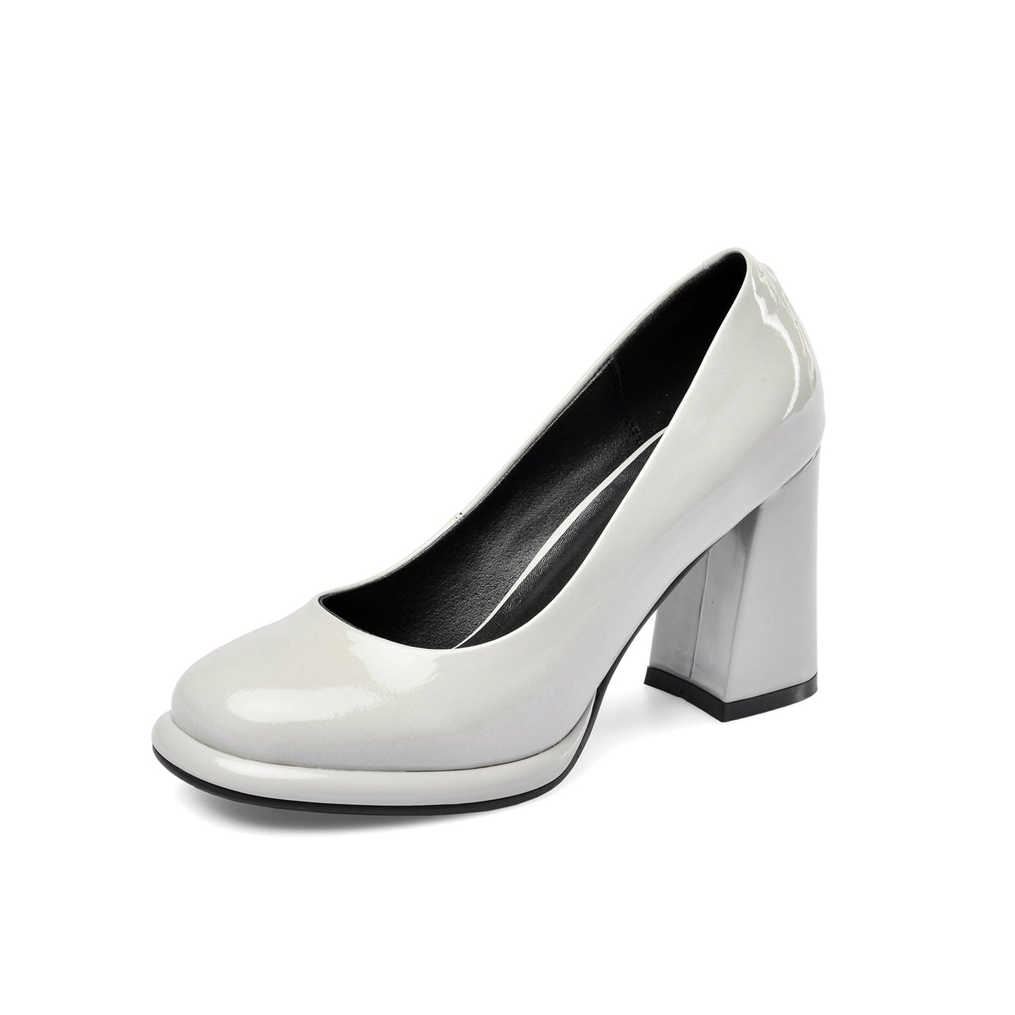 Women's Patent Leather Round Toe Handmade High Chunky Heels Slip On Pumps Shoes