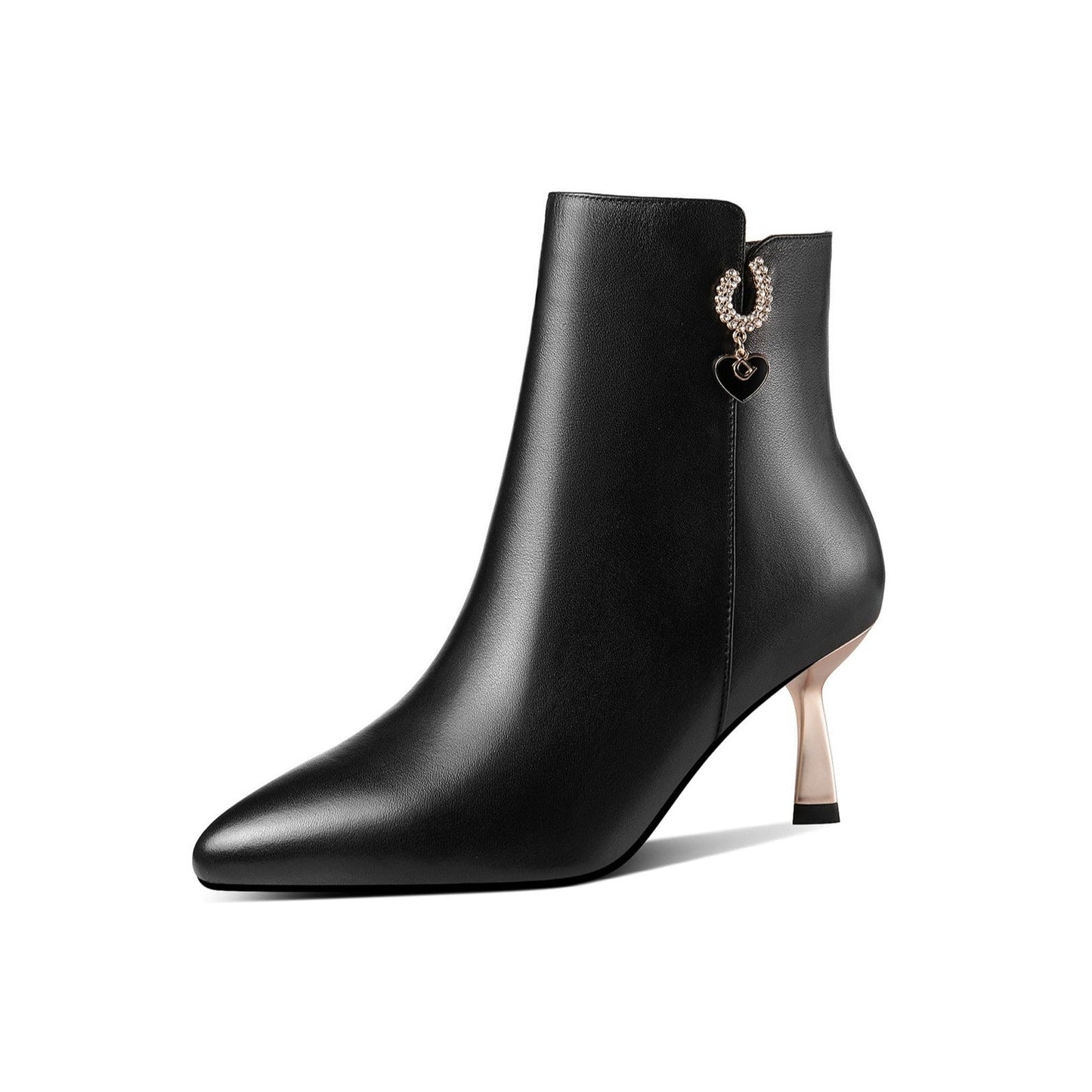 Genuine Leather Handmade Women's Metal Heel Side Zip Up Pointed Toe Heart Pendant Ankle Boots