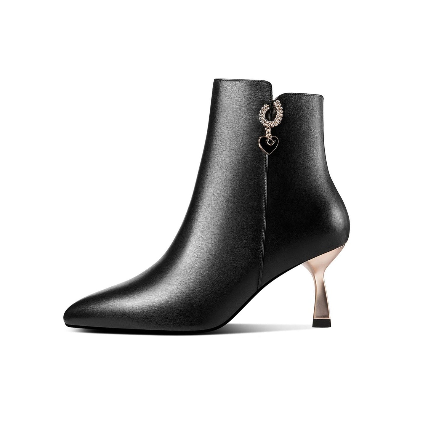 Genuine Leather Handmade Women's Metal Heel Side Zip Up Pointed Toe Heart Pendant Ankle Boots