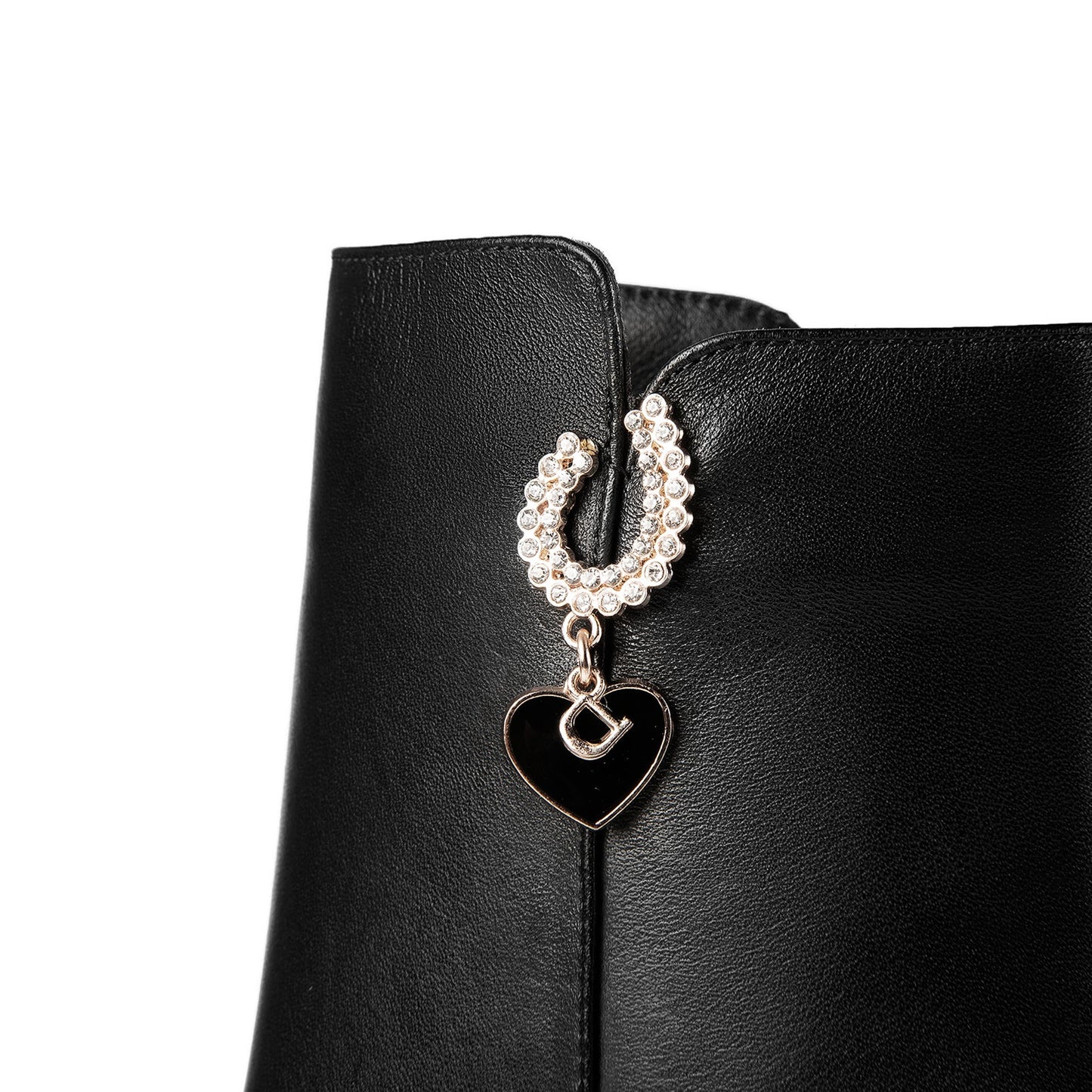 Genuine Leather Handmade Women's Metal Heel Side Zip Up Pointed Toe Heart Pendant Ankle Boots