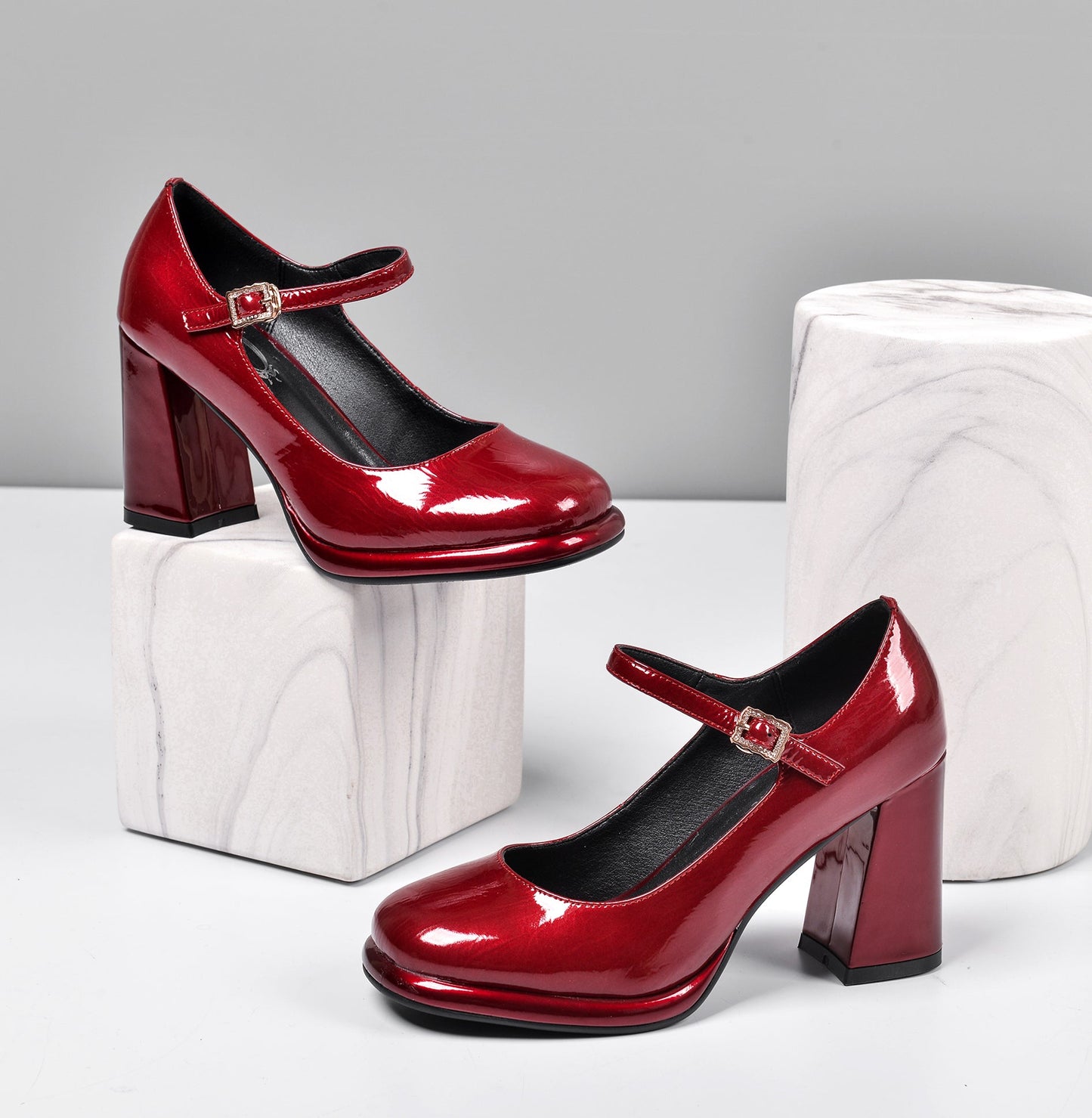 Women's Patent Leather Rouns Toe Handmade Buckle Belt High Chunky Heel Trendy Pumps Shoes