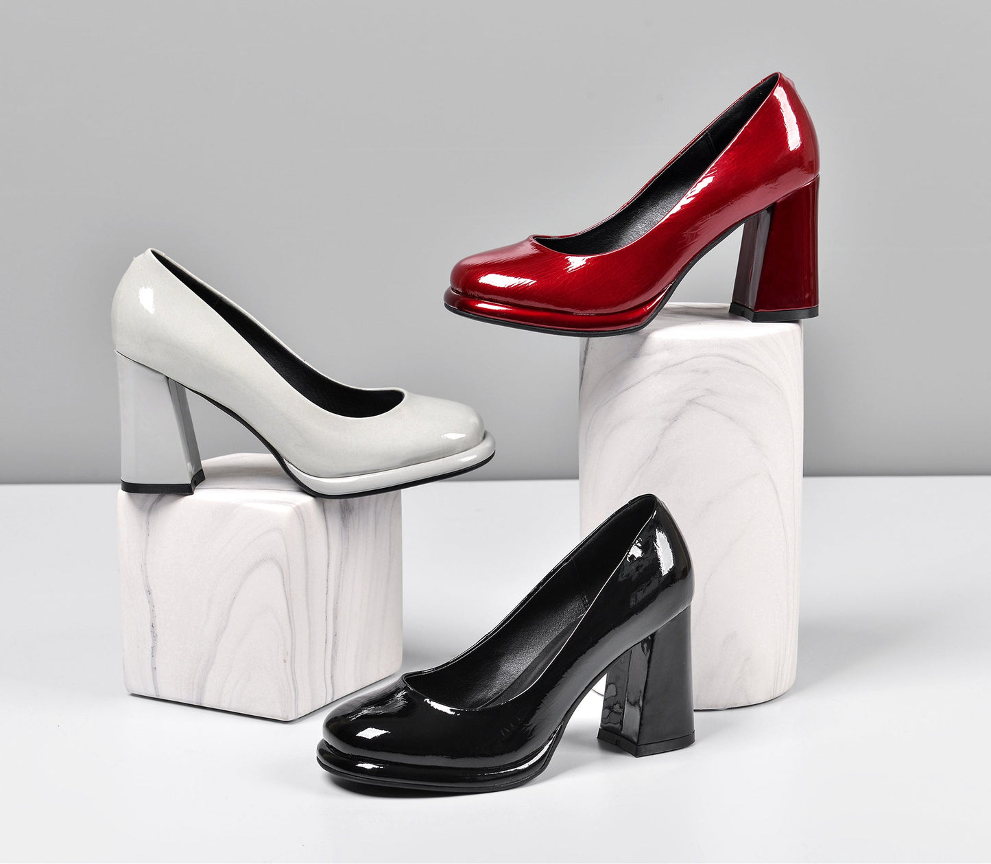 Women's Patent Leather Round Toe Handmade High Chunky Heels Slip On Pumps Shoes