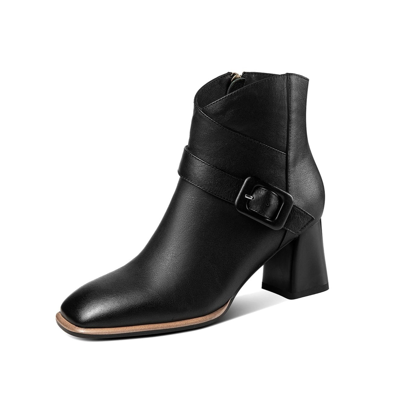 Handmade Women's Genuine Leather Buckle Décor Square Toe Side Zipper Mid Chunky Heel Ankle Boots