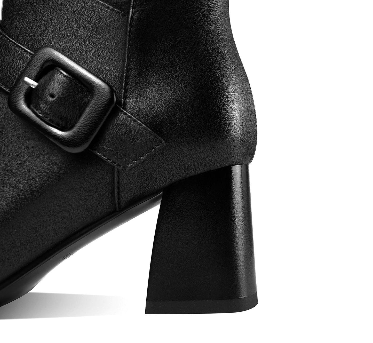 Handmade Women's Genuine Leather Buckle Décor Square Toe Side Zipper Mid Chunky Heel Ankle Boots