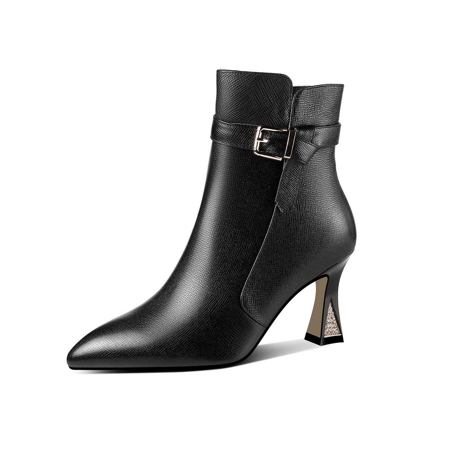 Handmade Women's Genuine Leather Side Zip Up Spool Heel Pointed Toe Ankle Boots with Chic Belt Design