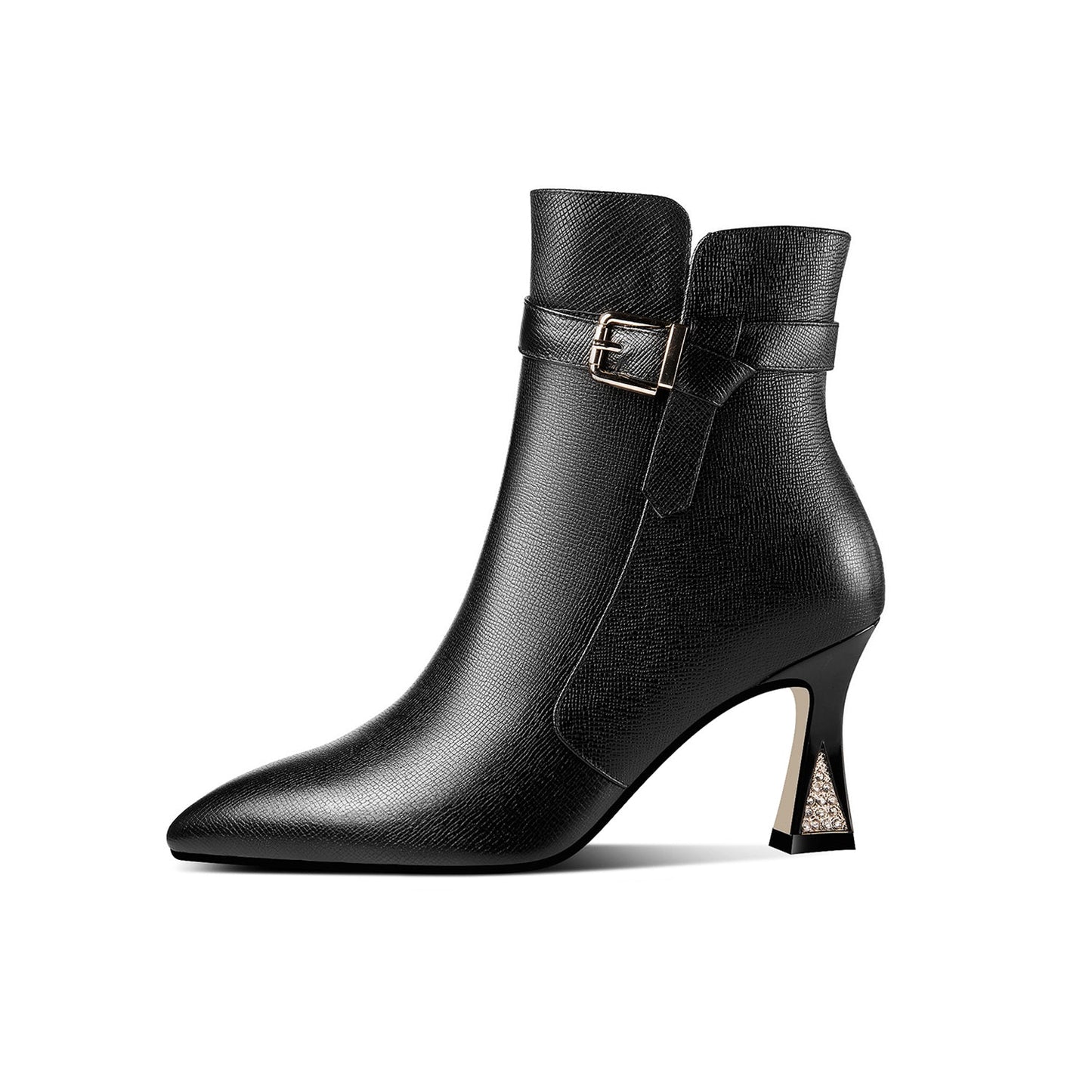 Handmade Women's Genuine Leather Side Zip Up Spool Heel Pointed Toe Ankle Boots with Chic Belt Design