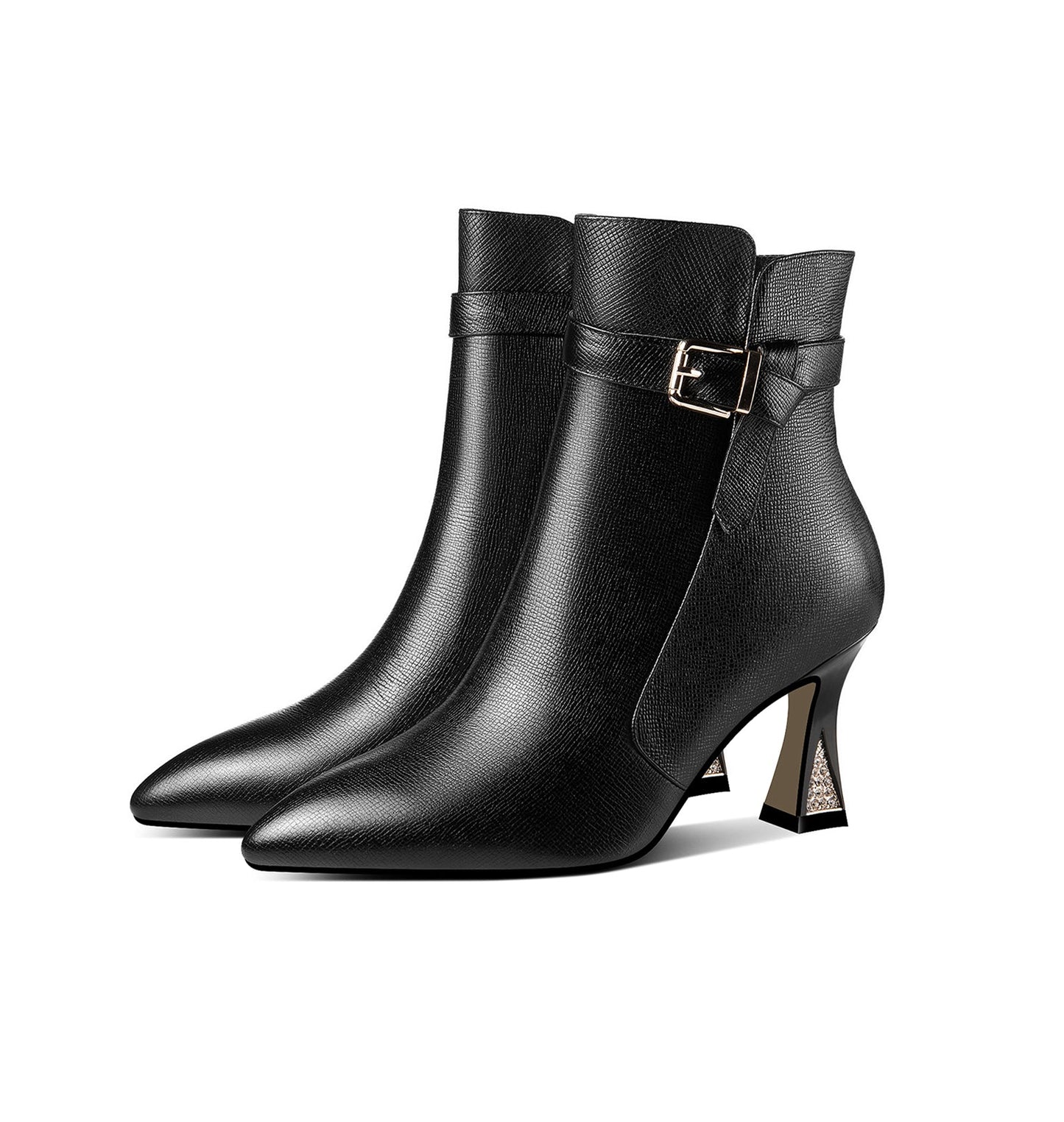 Handmade Women's Genuine Leather Side Zip Up Spool Heel Pointed Toe Ankle Boots with Chic Belt Design