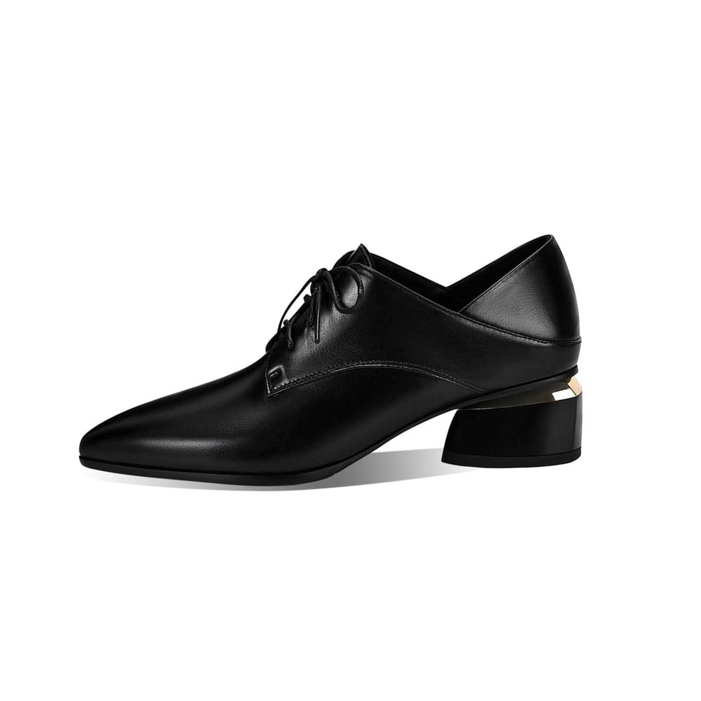 Women's Genuine Leather Pointed Toe Handmade Lace Up Low Chunky Heel Office Shoes