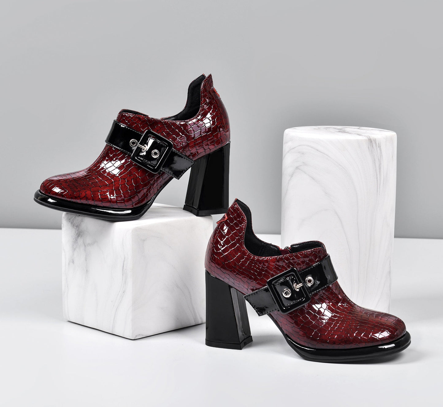 Women's Handmade Patent Leather Round Toe Zip Up High Chunky Heel Chic Pumps Shoes with Buckle