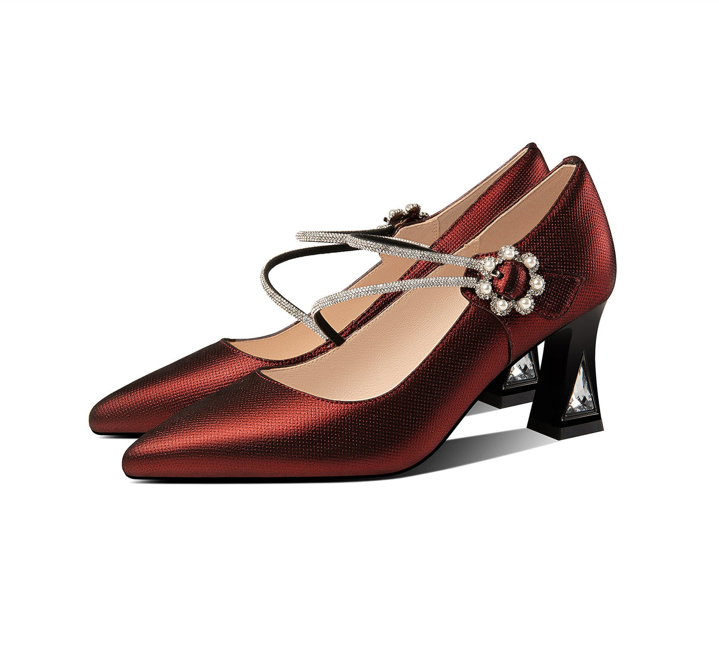 Women's Pointed Toe Genuine Leather Handmade Flower Buckle Mid Chunky Heels Graceful Pumps Shoes