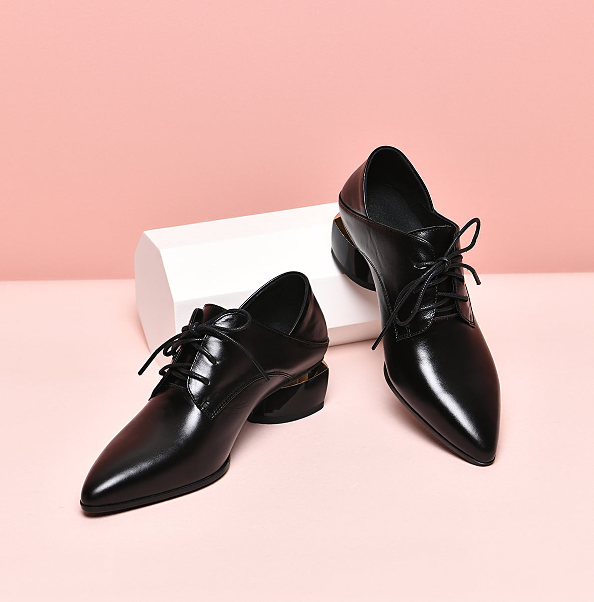 Women's Genuine Leather Pointed Toe Handmade Lace Up Low Chunky Heel Office Shoes