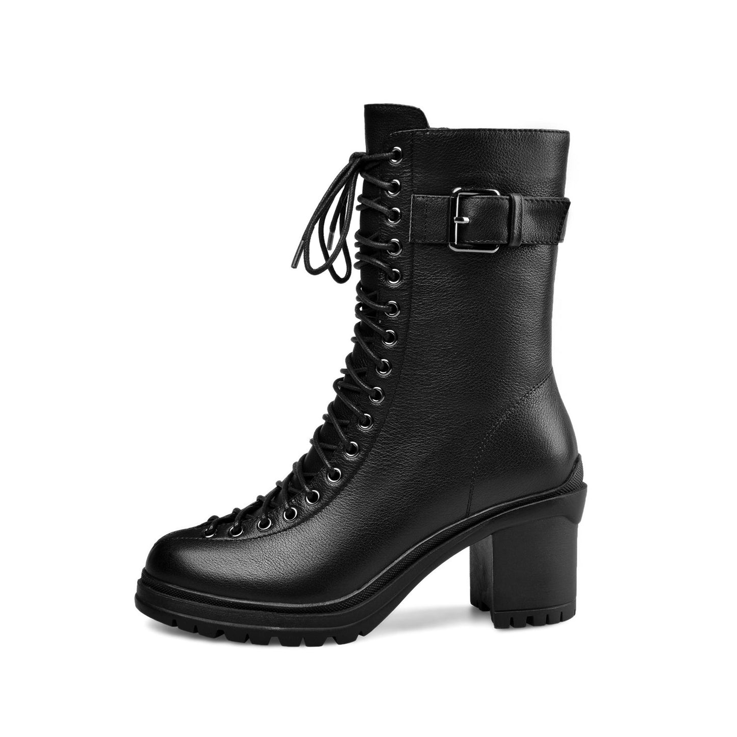 Women's Round Toe Selftie Zip Up Genuine Leather Handmade Chunky Heels Cool Mid-Calf Boots with Buckle