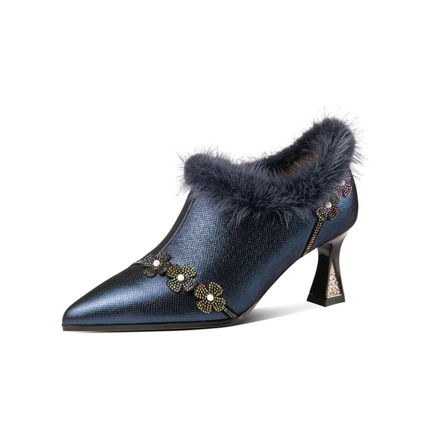 Handmade Women's Genuine Leather Furry Floral Side Zip Pointed Toe Mid Spool Rhinestone Heel Pumps