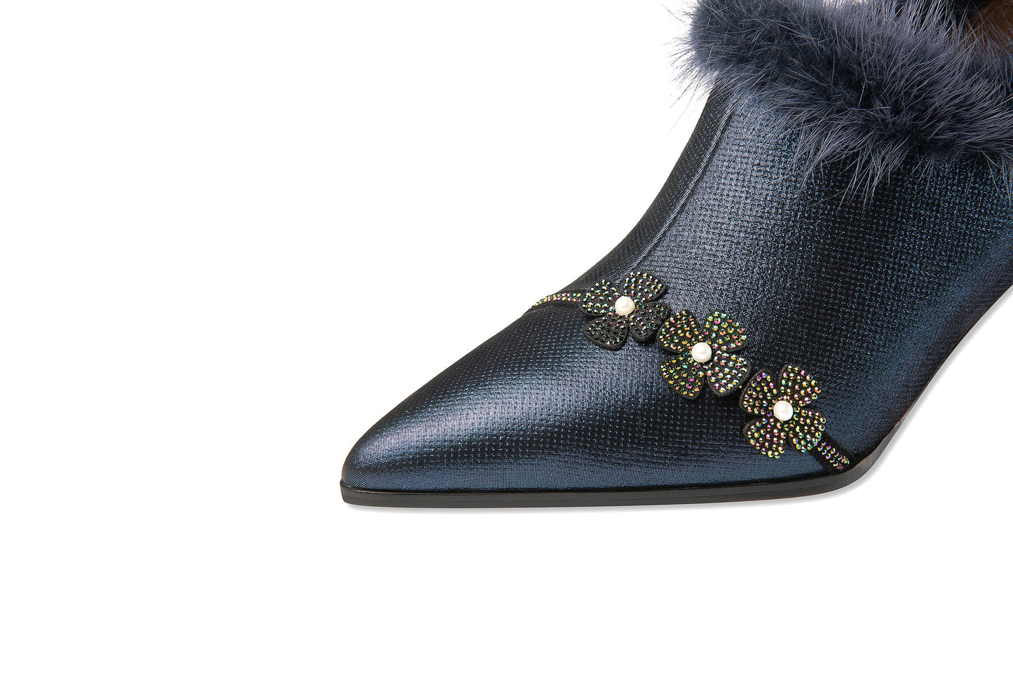 Handmade Women's Genuine Leather Furry Floral Side Zip Pointed Toe Mid Spool Rhinestone Heel Pumps