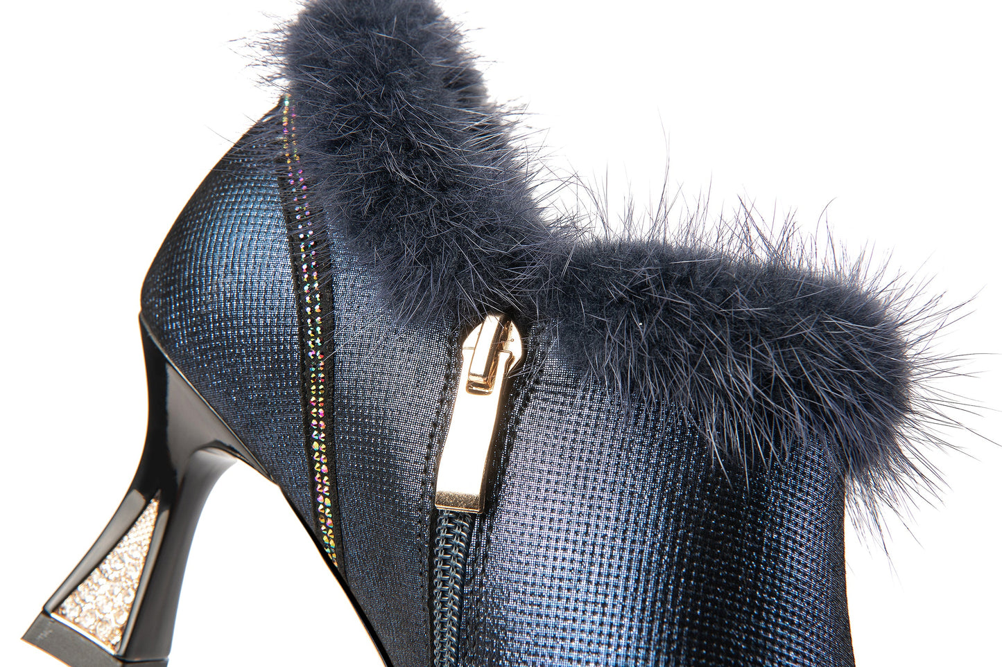 Handmade Women's Genuine Leather Furry Floral Side Zip Pointed Toe Mid Spool Rhinestone Heel Pumps