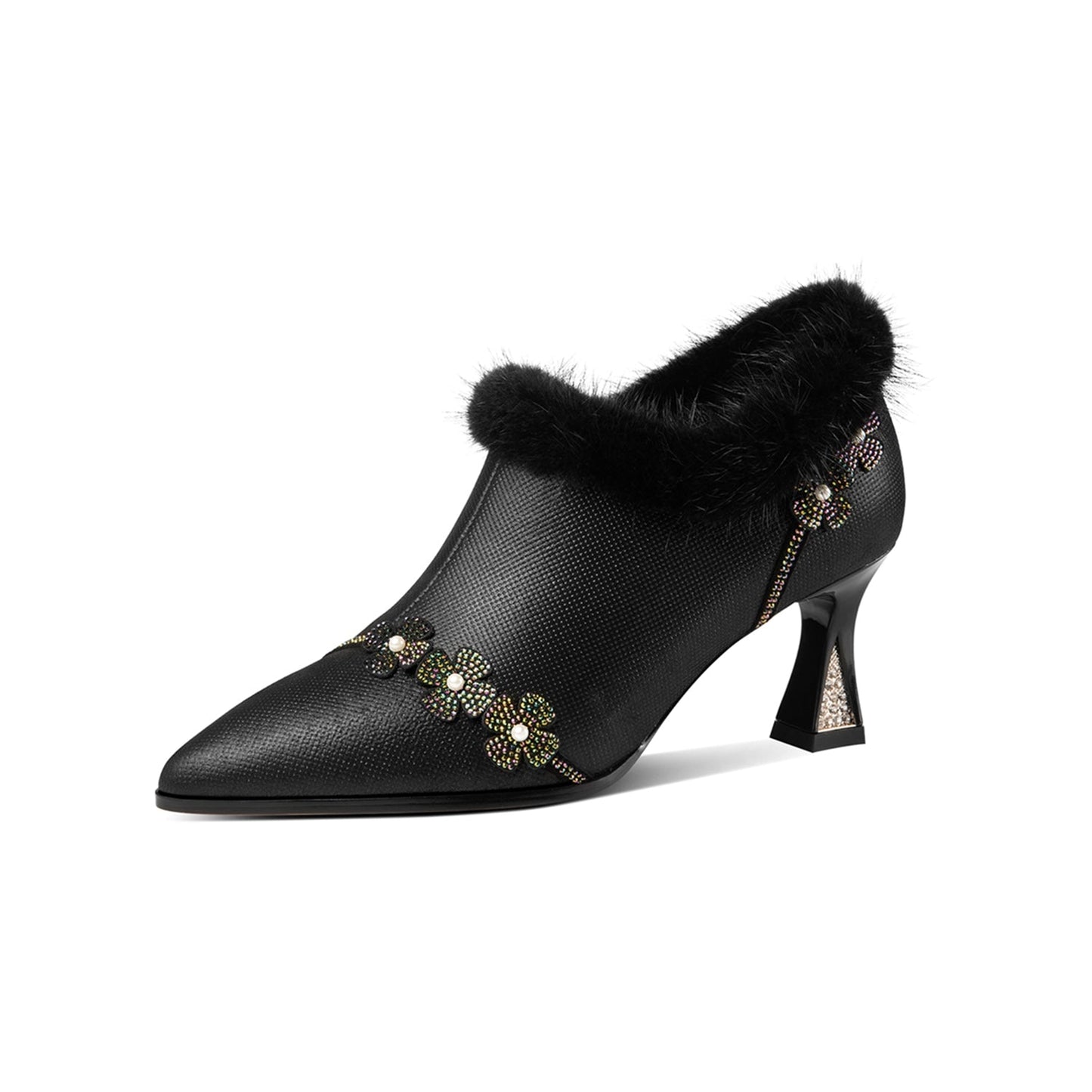 Handmade Women's Genuine Leather Furry Floral Side Zip Pointed Toe Mid Spool Rhinestone Heel Pumps