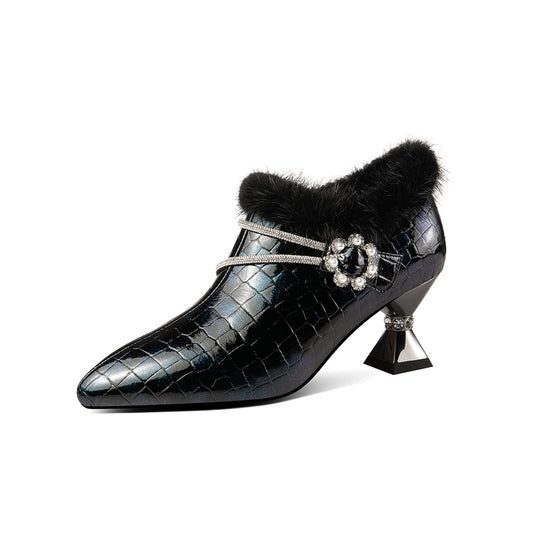 Handmade Women's Patent Leather Furry Rhinestone Floral Side Zip Pointed Toe Mid Spool Heel Pumps