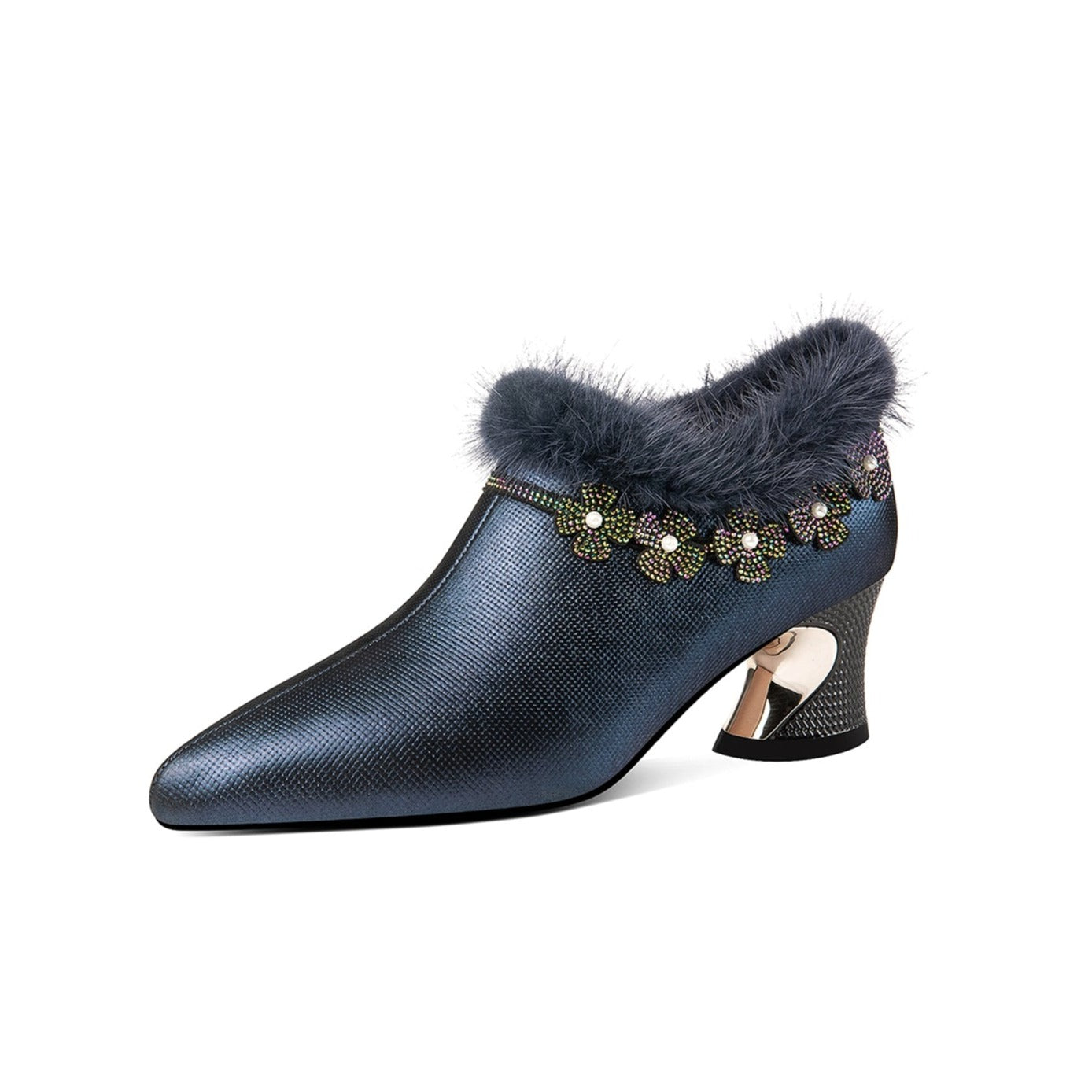 Handmade Women's Genuine Leather Furry Rhinestone Floral Side Zip Pointed Toe Mid Chunky Heel Pumps