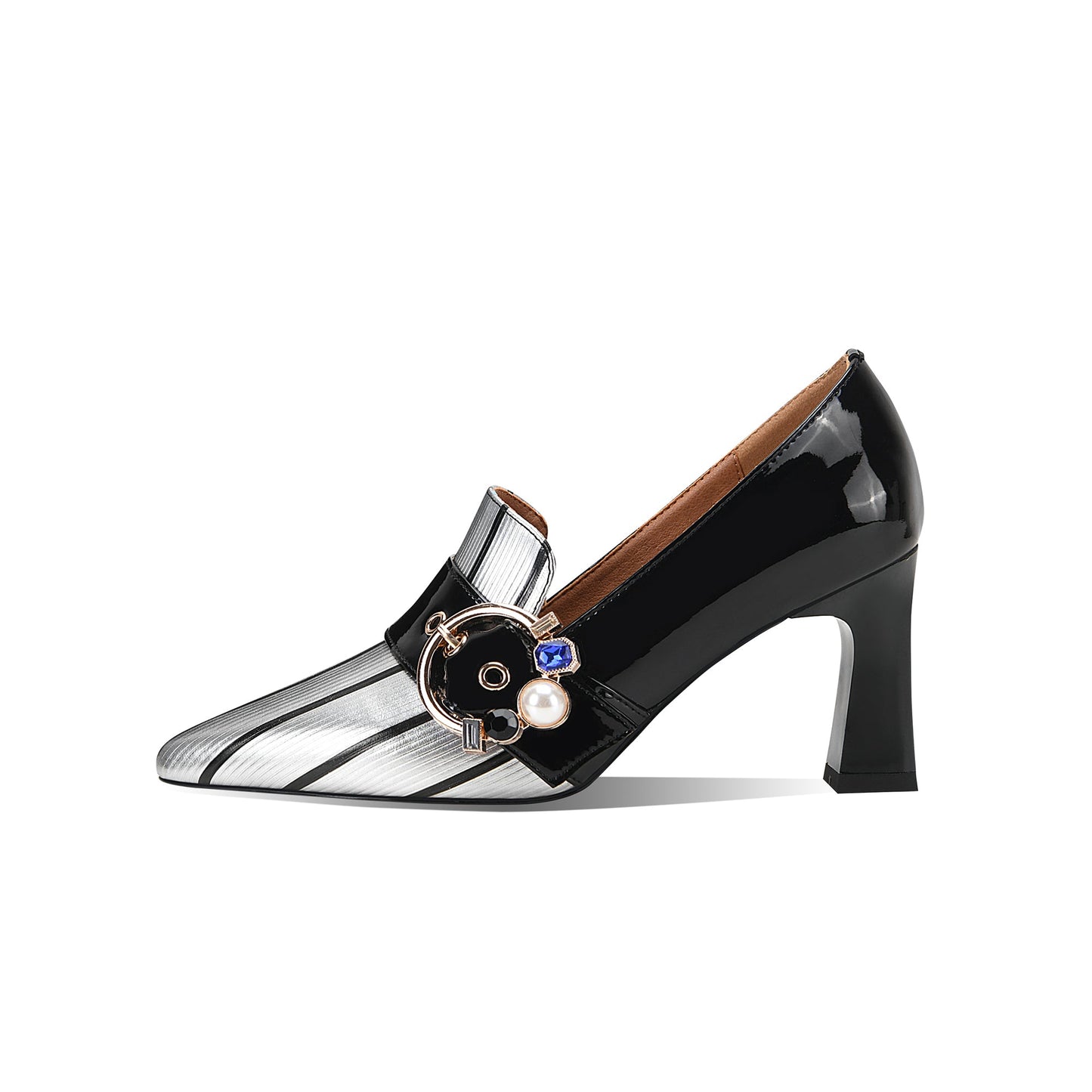 Women's Pointed Toe Glossy Genuine/Patent Leather Handmade Buckle Stylish Pumps Shoes with Mid Heels