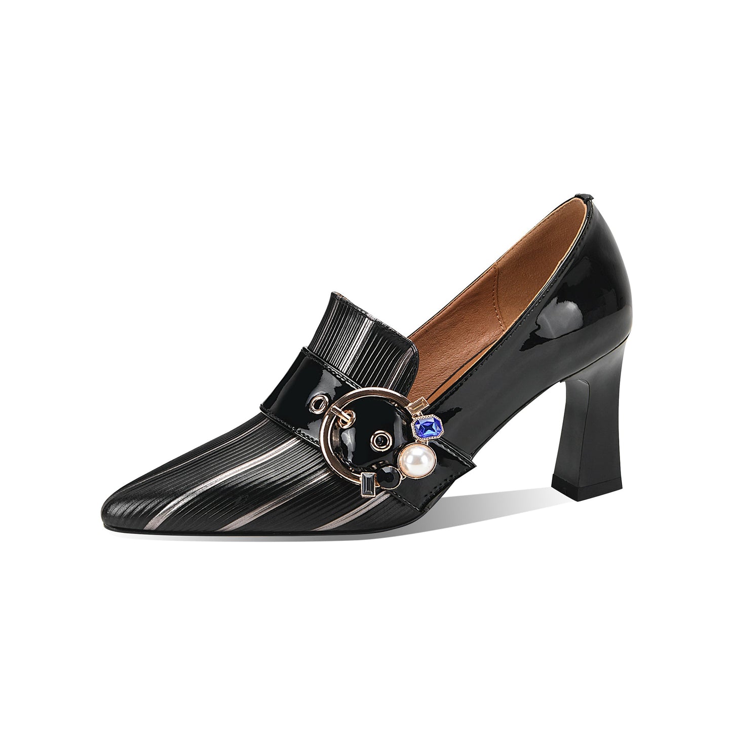 Women's Pointed Toe Glossy Genuine/Patent Leather Handmade Buckle Stylish Pumps Shoes with Mid Heels