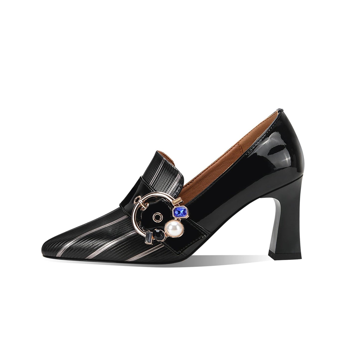 Women's Pointed Toe Glossy Genuine/Patent Leather Handmade Buckle Stylish Pumps Shoes with Mid Heels