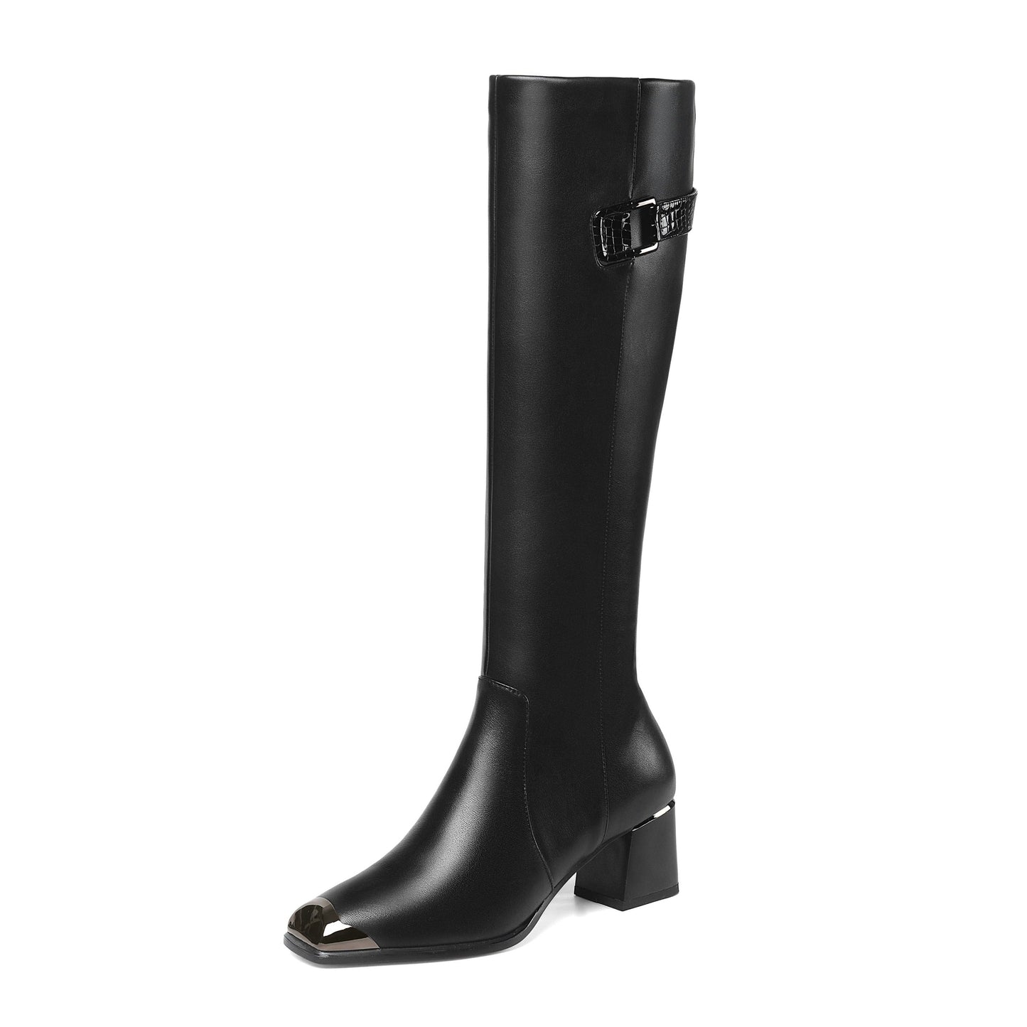 Handmade Women's Genuine Leather Square Toe Mid Chunky Heel Side Zip Up Black Knee High Boots with Buckle Decor