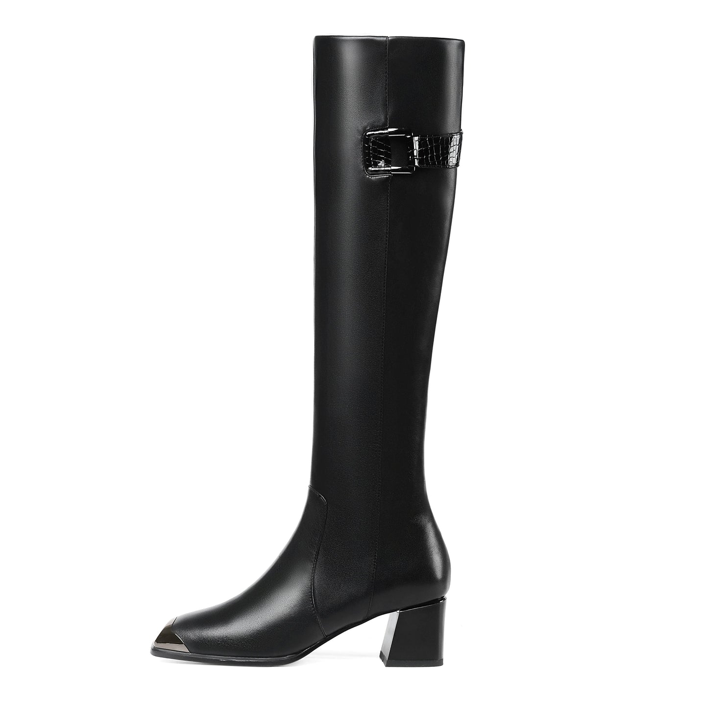 Handmade Women's Genuine Leather Square Toe Mid Chunky Heel Side Zip Up Black Knee High Boots with Buckle Decor