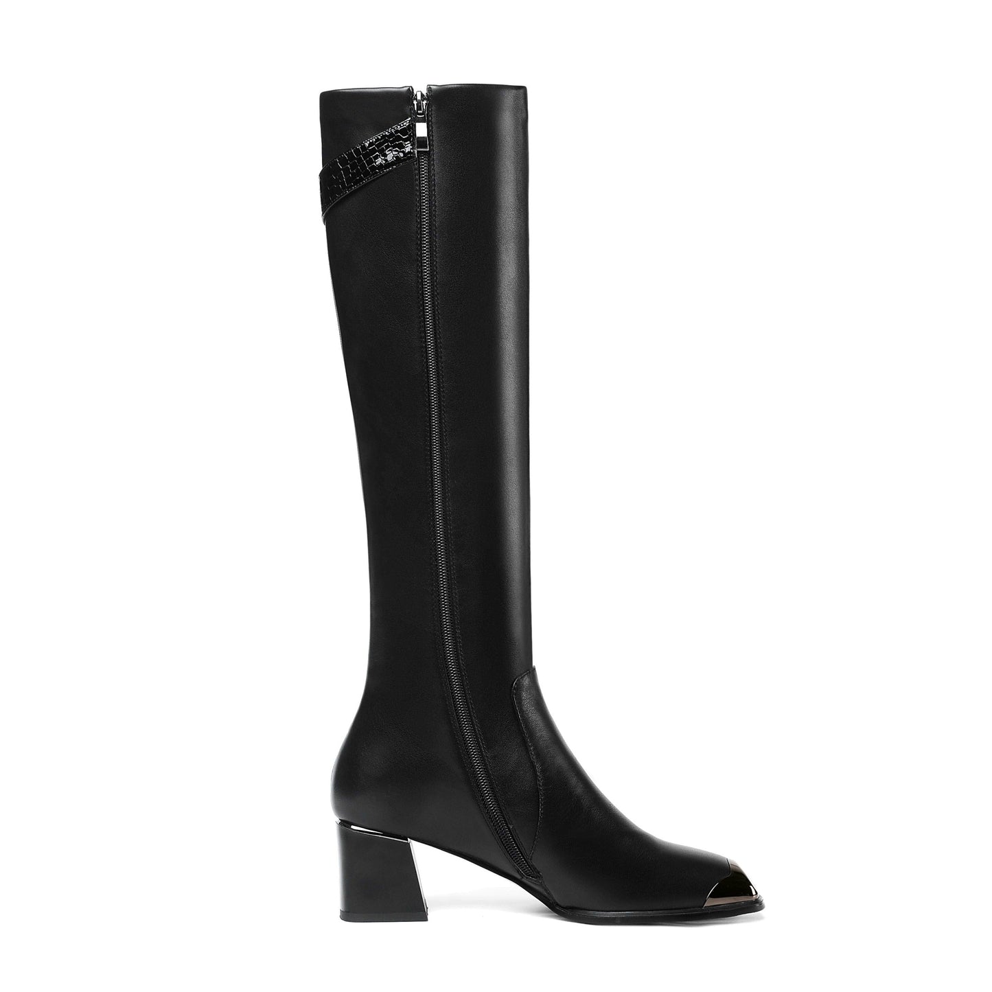 Handmade Women's Genuine Leather Square Toe Mid Chunky Heel Side Zip Up Black Knee High Boots with Buckle Decor