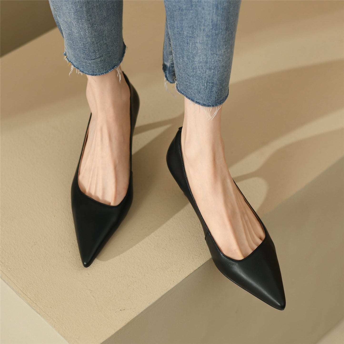 Handmade Genuine Leather Women's Low Heel Slip On Loafer Pumps with Pointy Toe