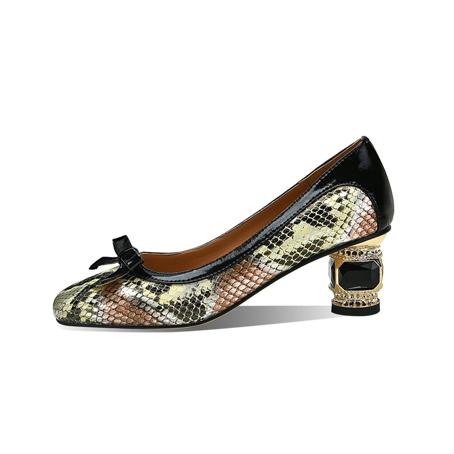 Handmade Women's Genuine Leather Snakeskin Assorted Color Slip On Square Toe Mid Cone Heel Pumps Shoes