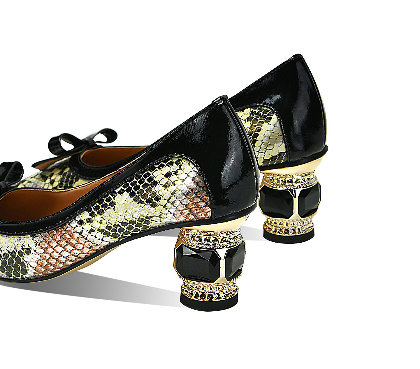 Handmade Women's Genuine Leather Snakeskin Assorted Color Slip On Square Toe Mid Cone Heel Pumps Shoes