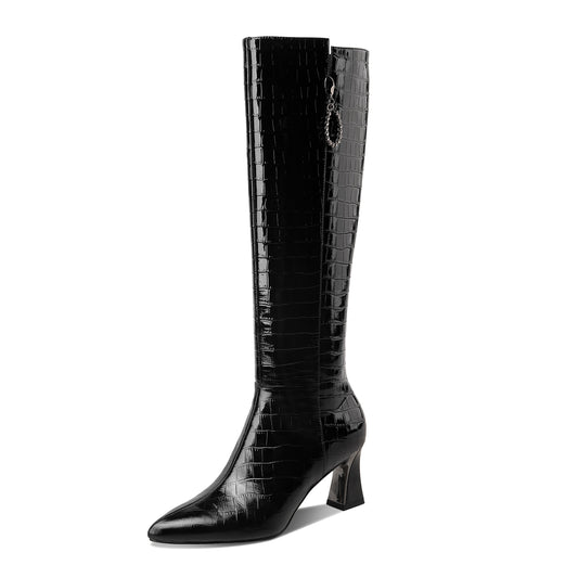 Women's Handmade Embossed Genuine Leather Clear Pointed Toe Mid Spool Heel Side Zip Up Classic Black Knee High Boots