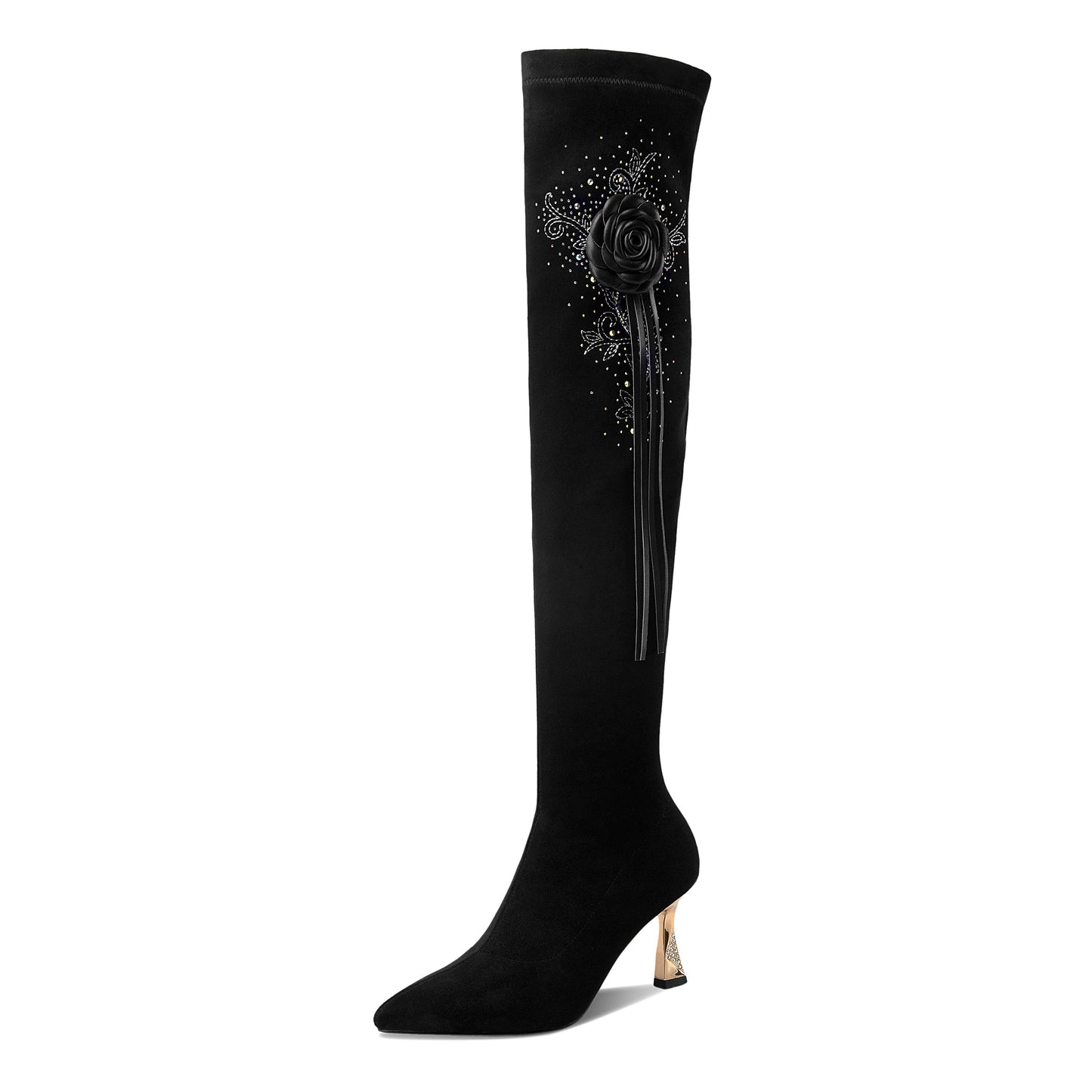 Women's Handmade Suede Leather Pointed Toe Sexy High Heel Stretch Slip On Black Over the Knee High Boots with Floral Tassel