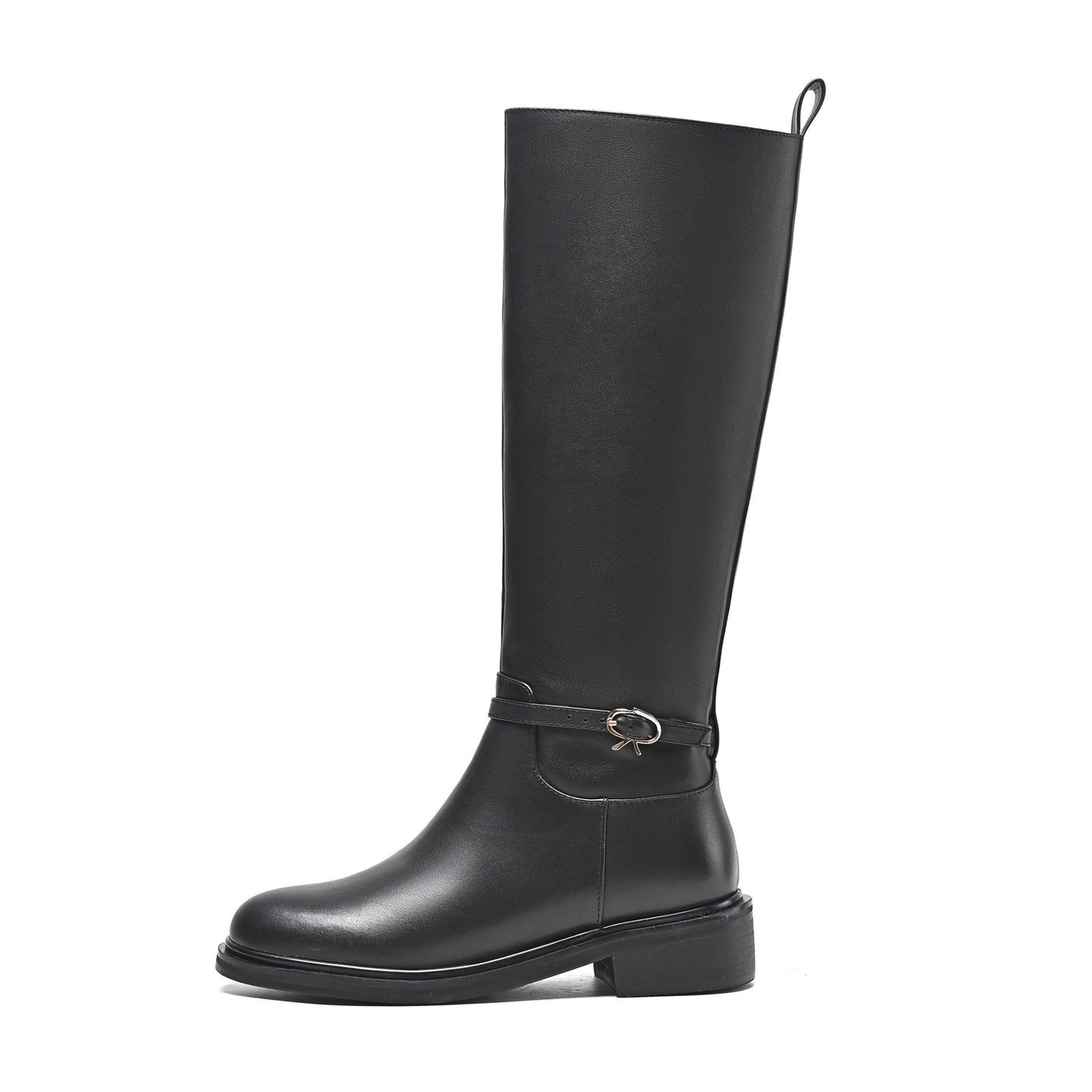 Women's Genuine Leather Round Toe Handmade Side Zipper Low Chunky Heels Trendy Knee High Boots