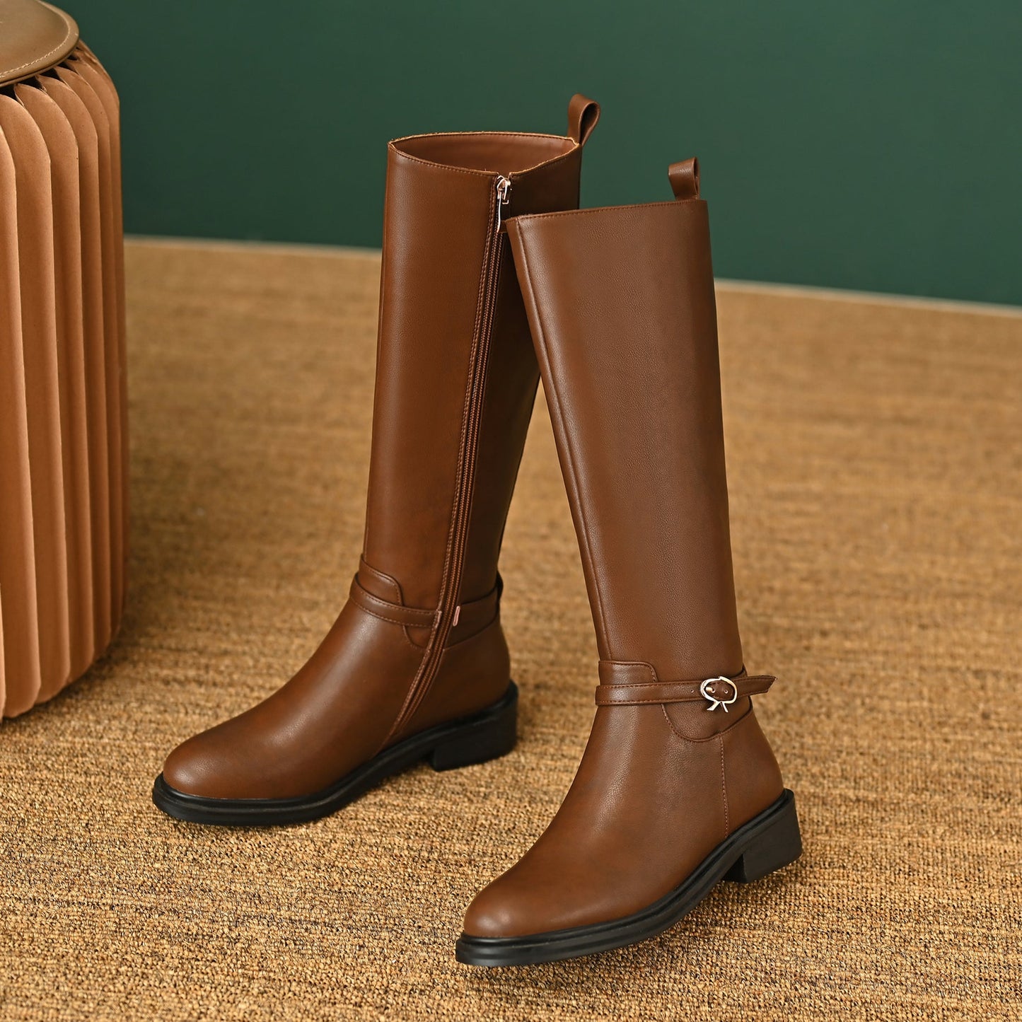 Women's Genuine Leather Round Toe Handmade Side Zipper Low Chunky Heels Trendy Knee High Boots